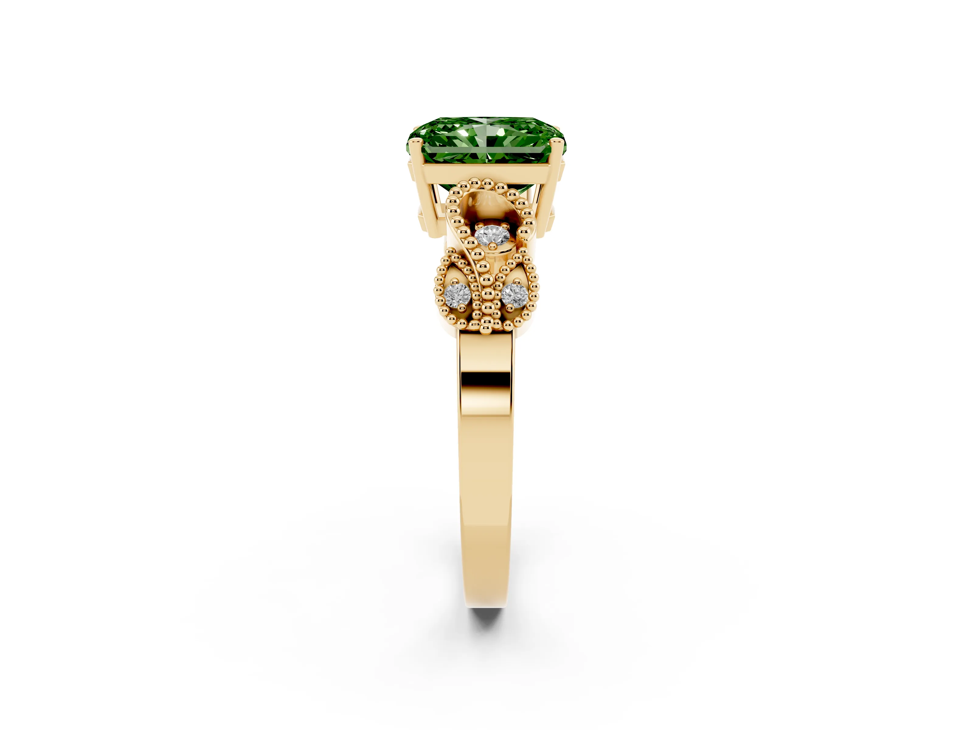 Fancy Green Princess Cut Diamond Milgrain Leaf Band Solitaire Ring Set in Yellow gold with Accent Stones and Prong Setting