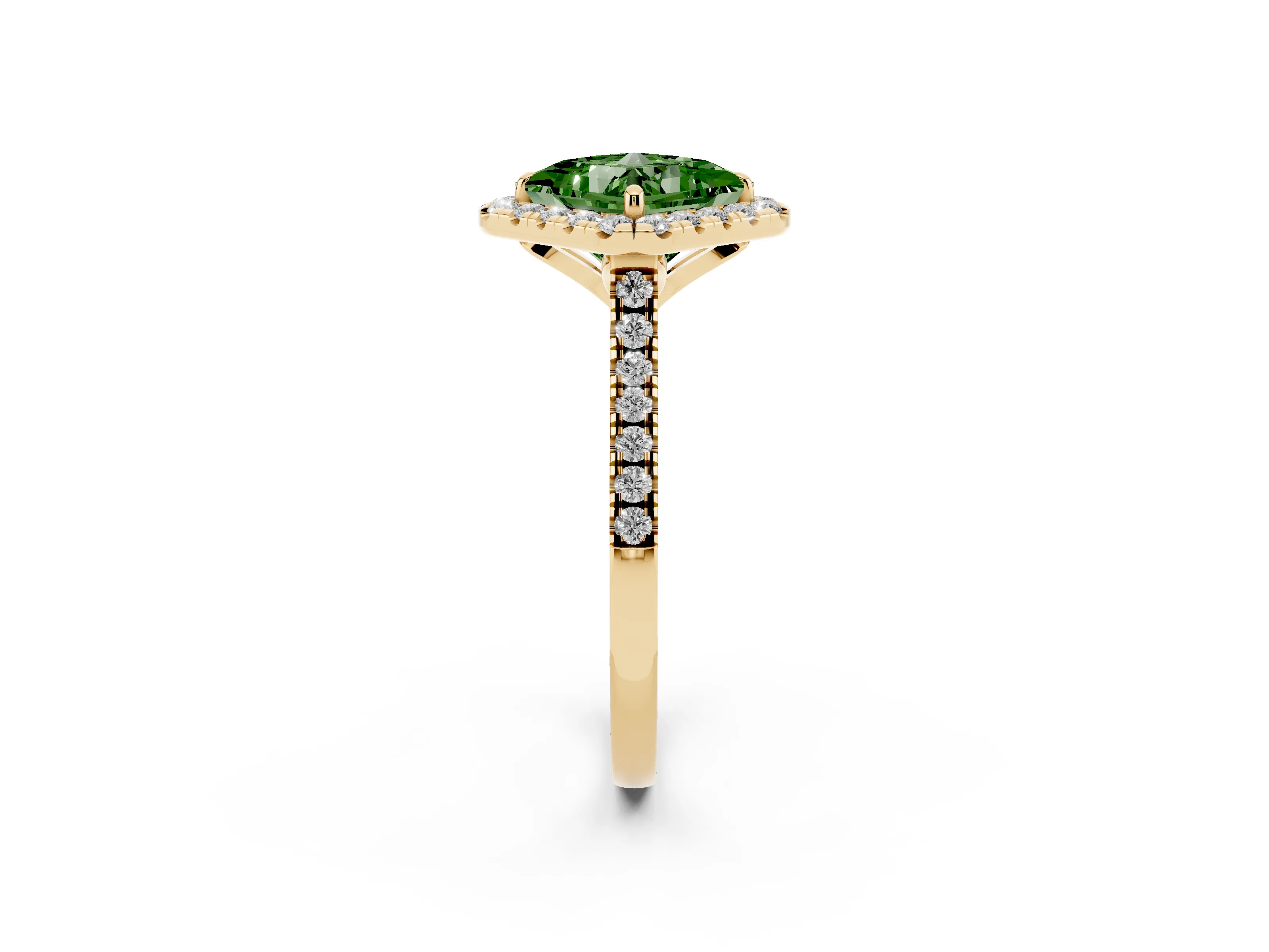 Fancy Green Princess Cut Diamond Cushion Halo Ring Set in Yellow gold with Pavé Band