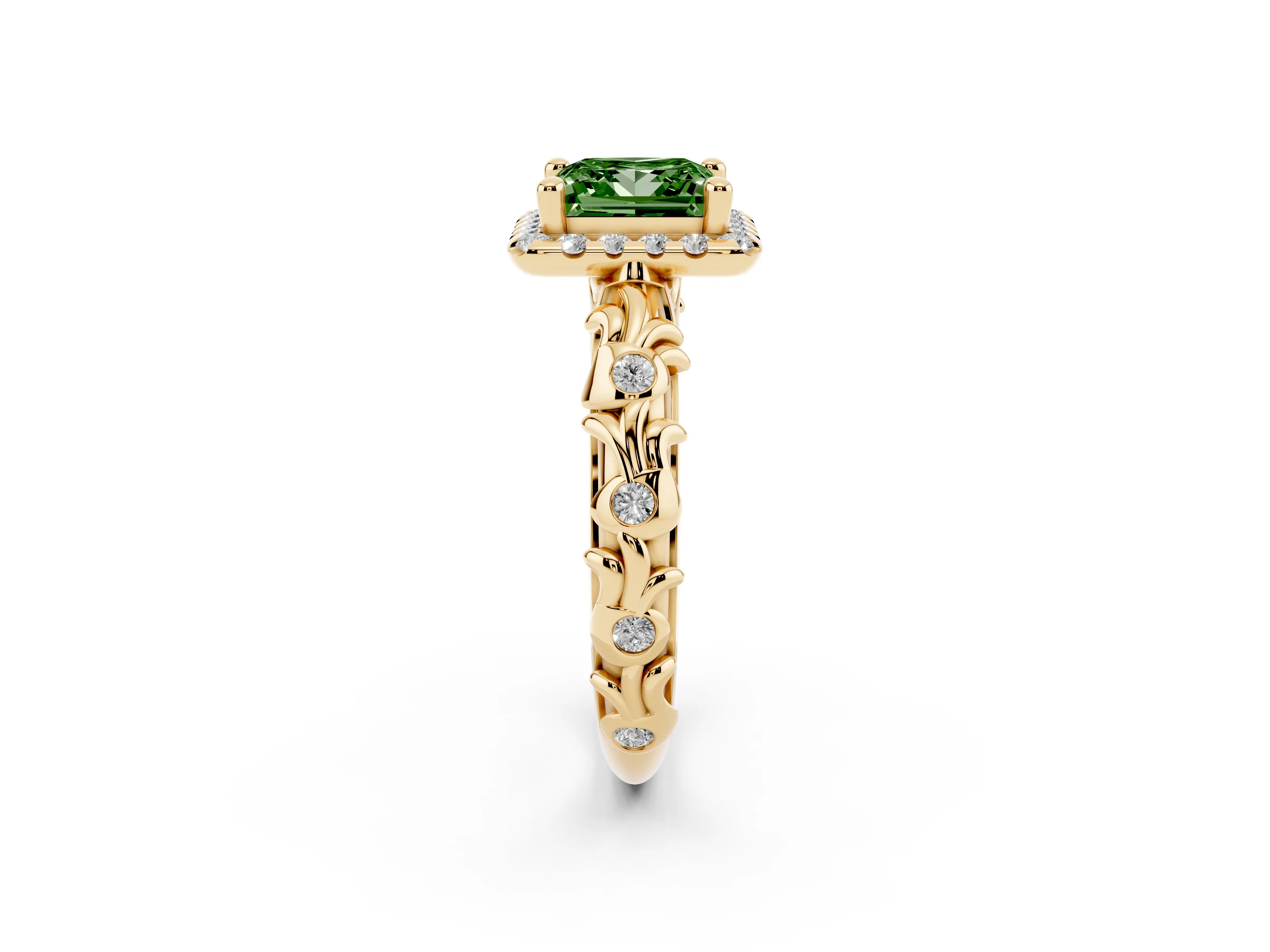 Fancy Green Princess Cut Diamond Halo Ring Set in Yellow gold with Filigree Leaf Band and Prong Setting