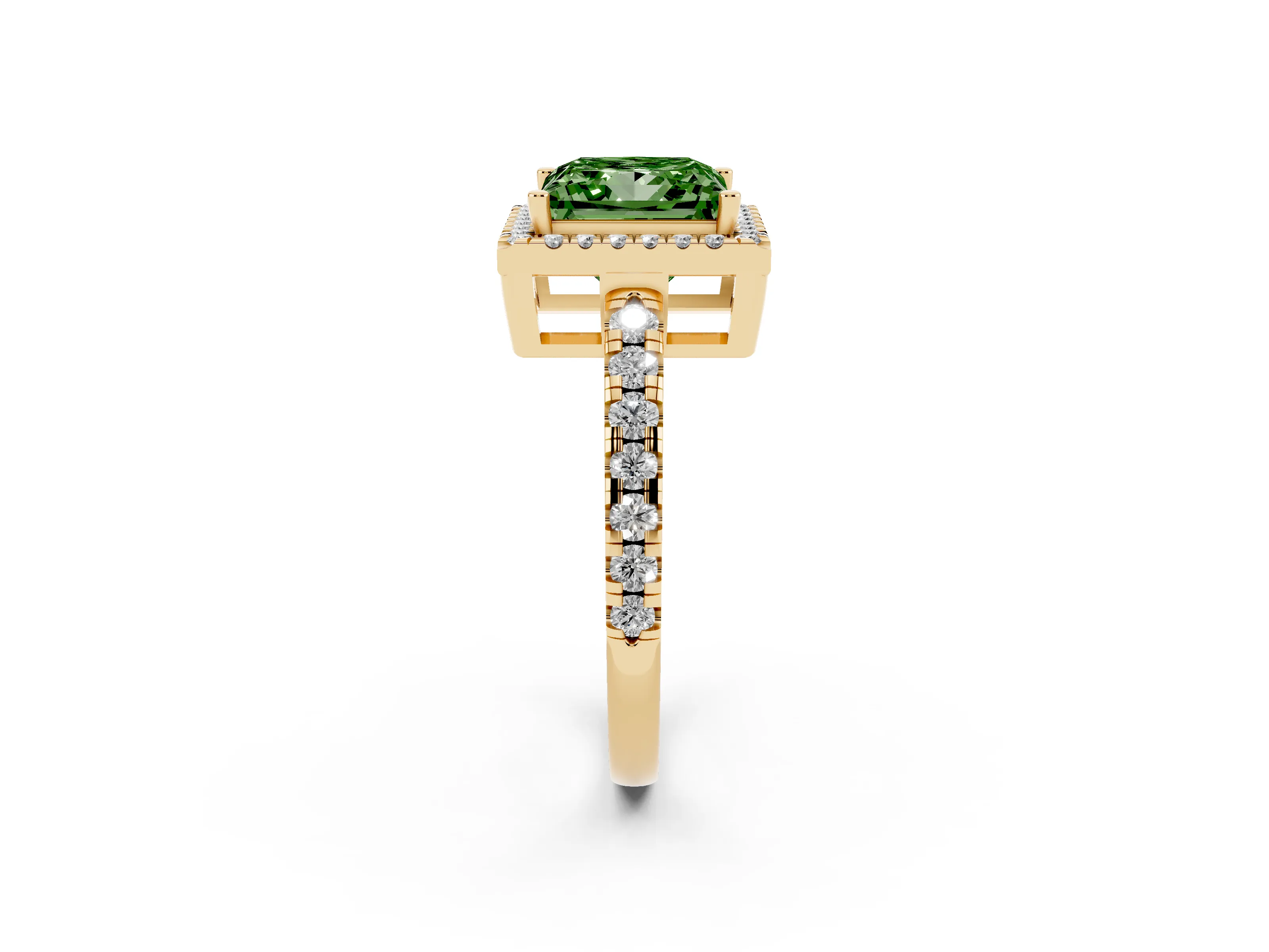 Fancy Green Princess Cut Diamond Halo Ring Set in Yellow gold with Delicate Pavé Band and Prong Setting