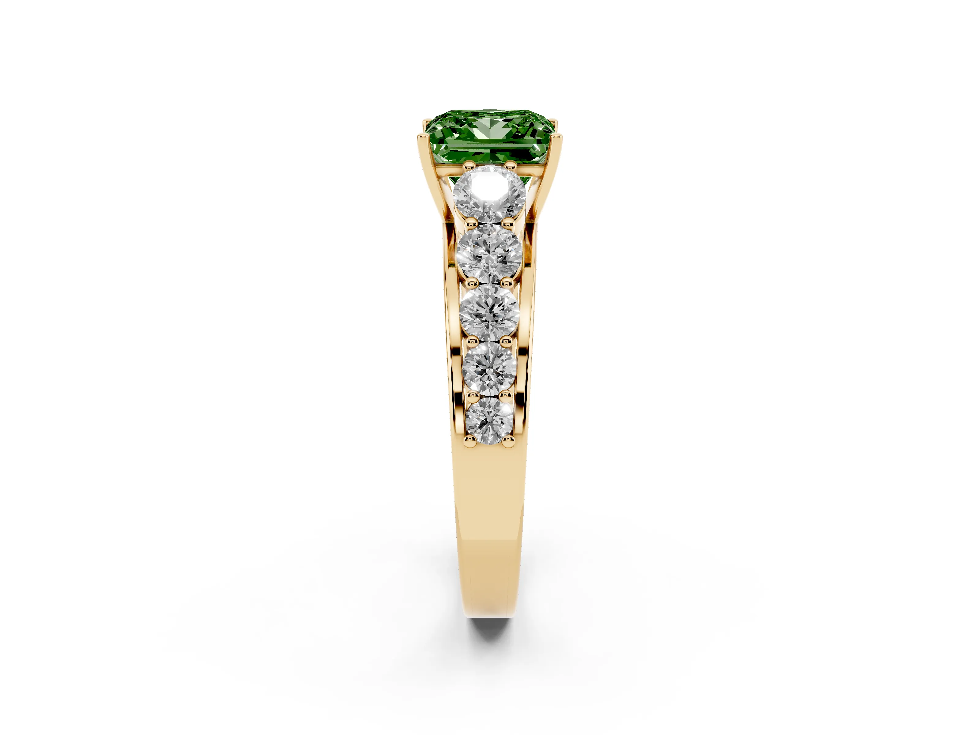 Fancy Green Princess Cut Diamond Solitaire Ring Set in Yellow gold with Pavé-Set Band and Prong Setting