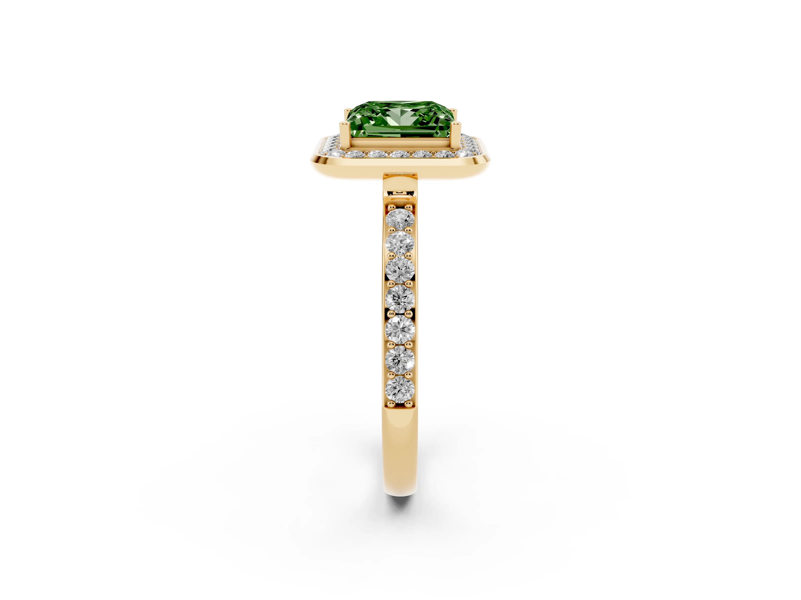 Fancy Green Princess Cut Diamond Halo Ring Set in Yellow gold with Bezel Frame and Pavé Band