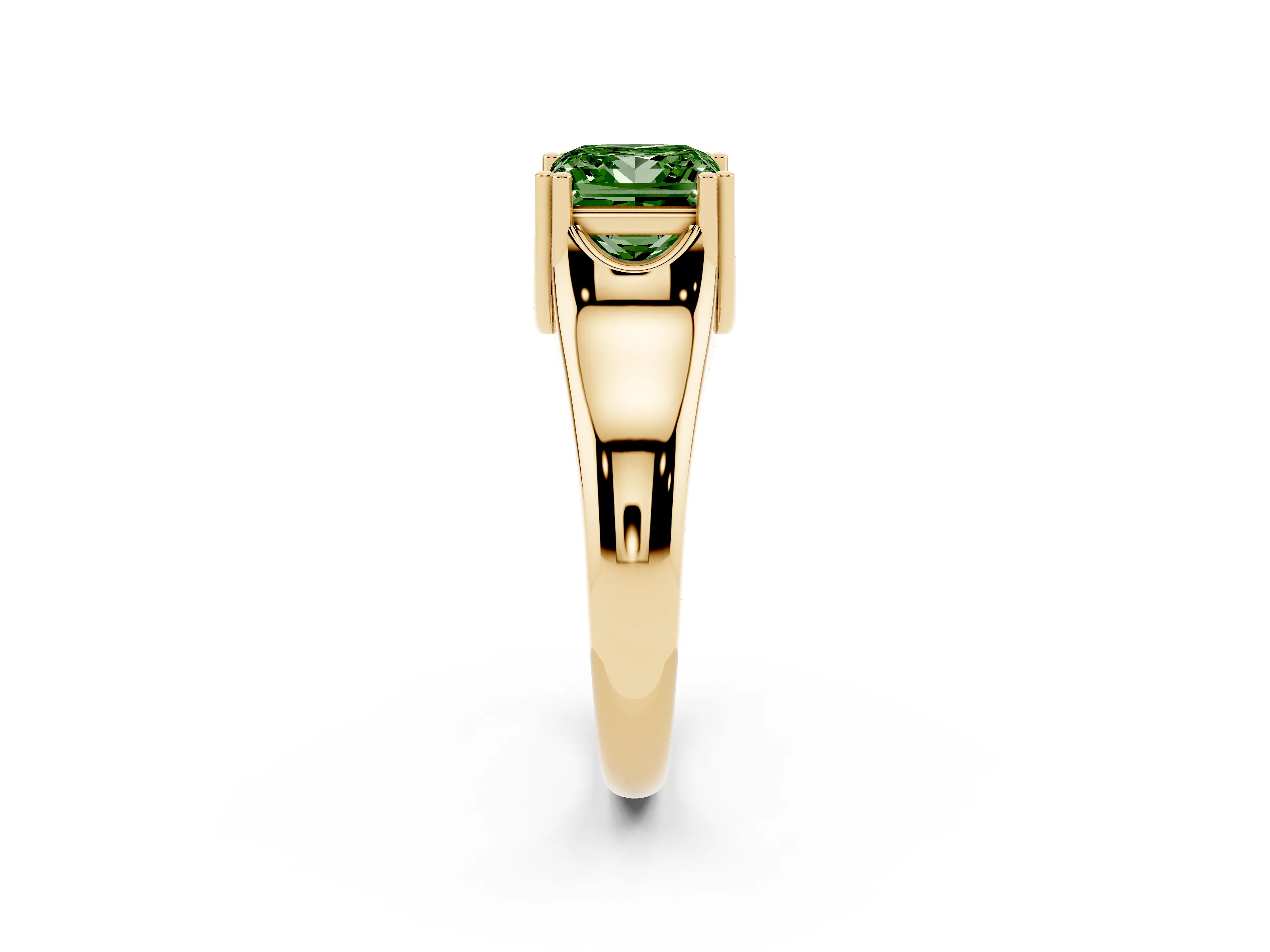 Fancy Green Princess Cut Diamond Solitaire Ring Set in Yellow gold with Wide Band and Prong Setting