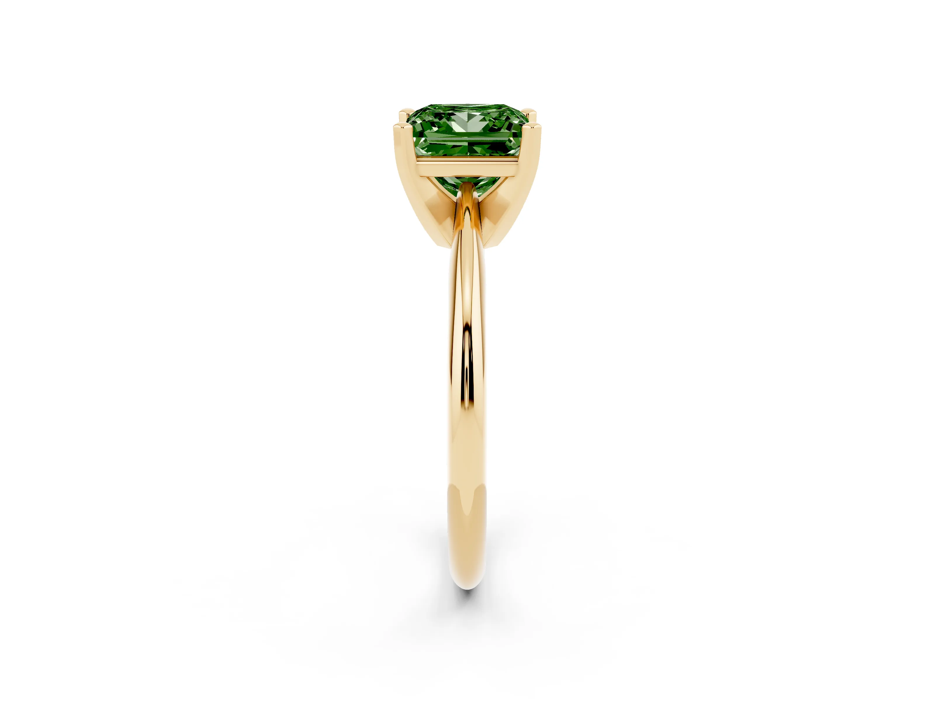 Fancy Green Princess Cut Diamond Solitaire Ring Set in Yellow gold with Prong Setting on a Plain Round Band