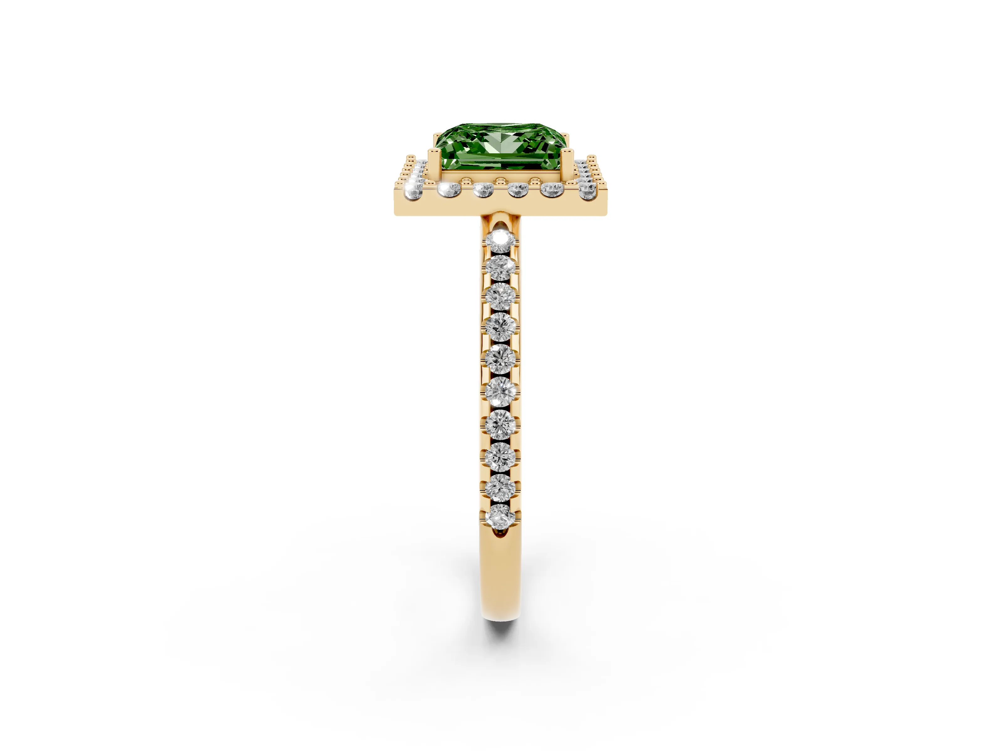 Fancy Green Princess Cut Diamond Pavé Halo Ring Set in Yellow gold with Prong Setting
