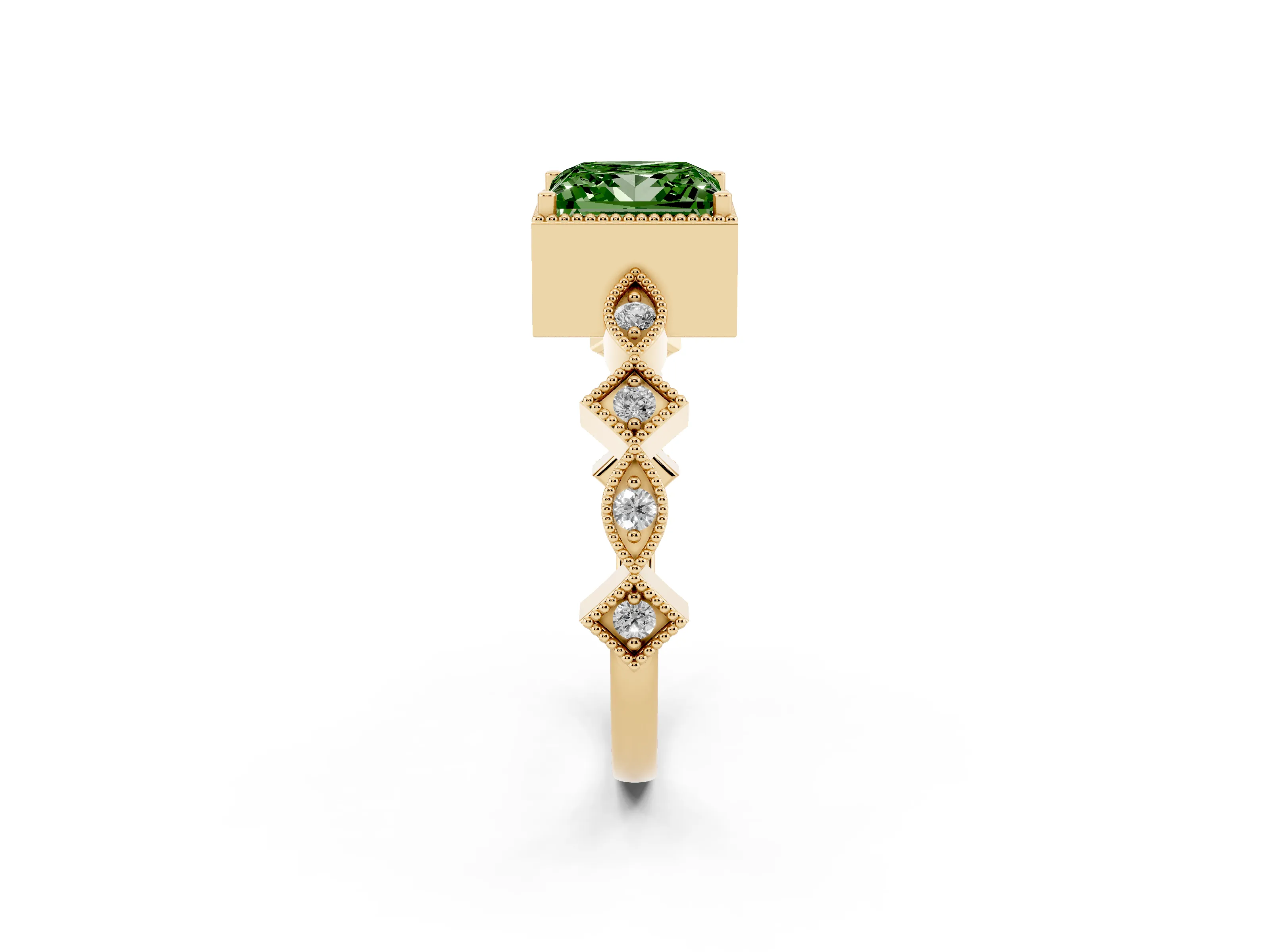 Fancy Green Princess Cut Diamond Milgrain Marquise Twist Band Ring Set in Yellow gold with Prong Setting