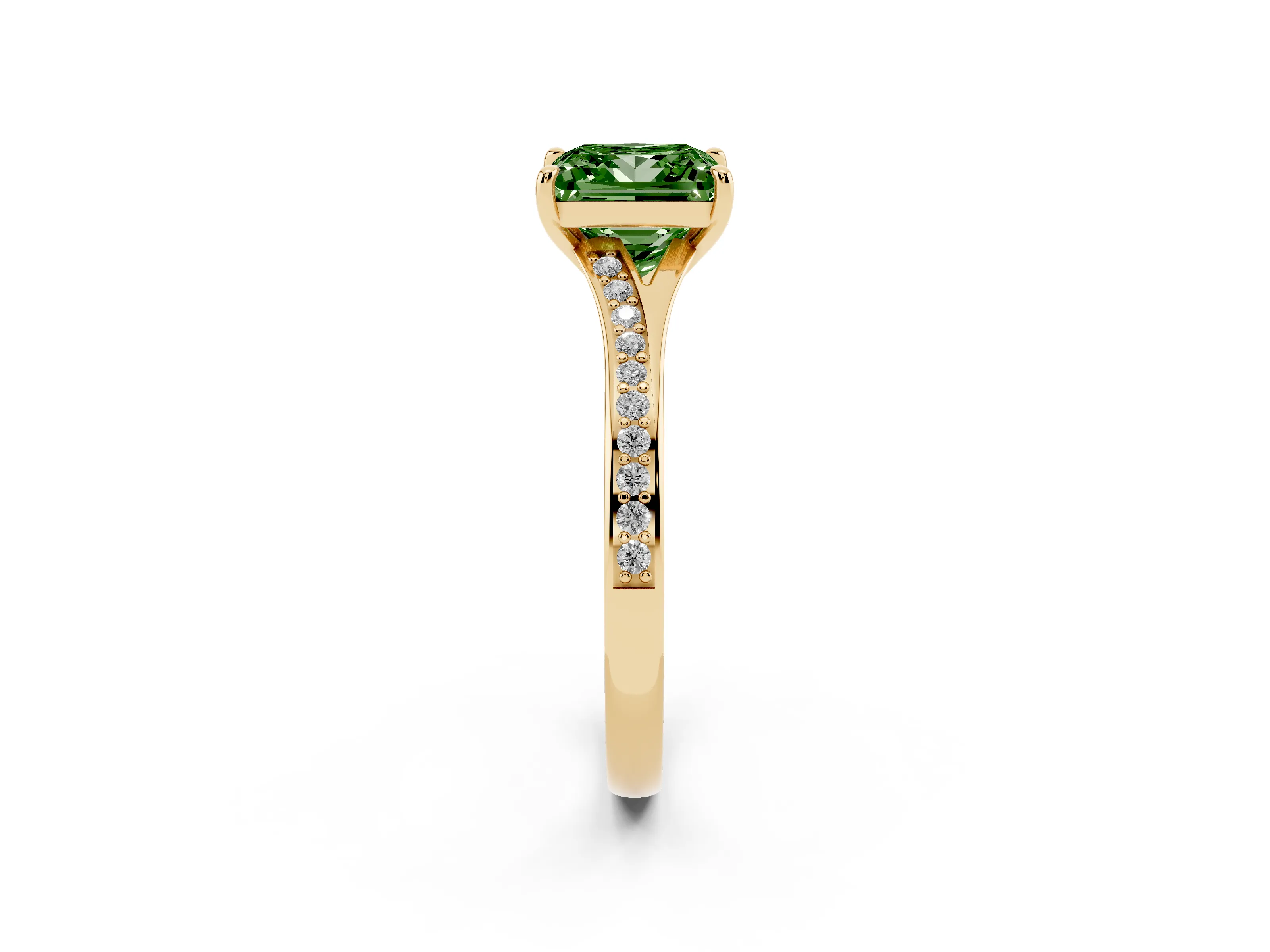 Fancy Green Princess Cut Diamond Solitaire Ring Set in Yellow gold with Pavé Accent Band and Classic Prong Setting