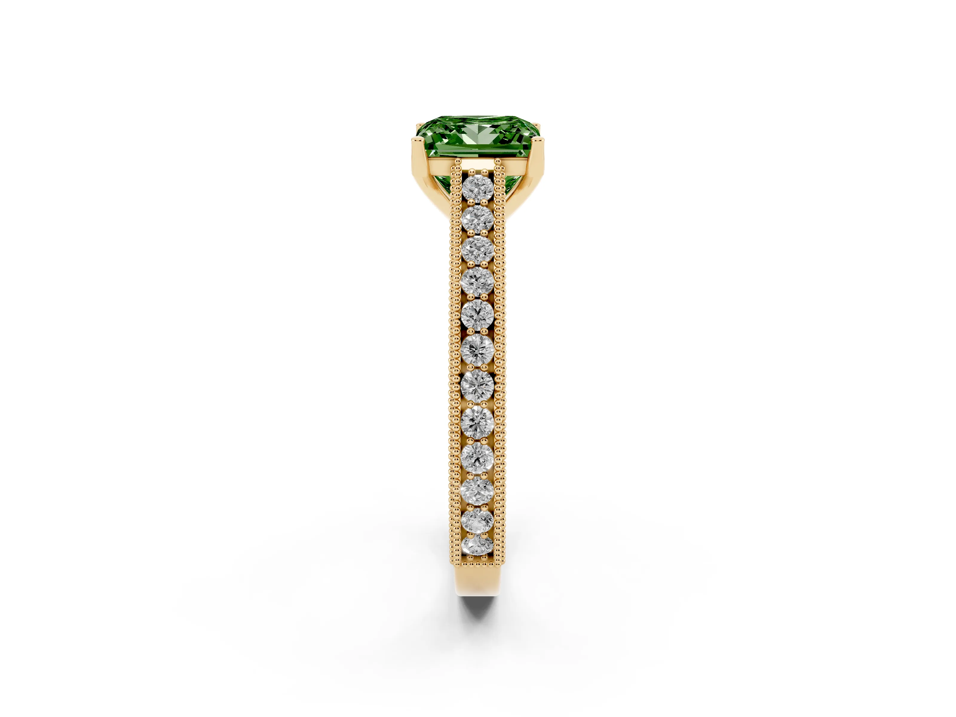 Fancy Green Princess Cut Diamond Milgrain Pavé Band Solitaire Ring Set in Yellow gold with Prong Setting