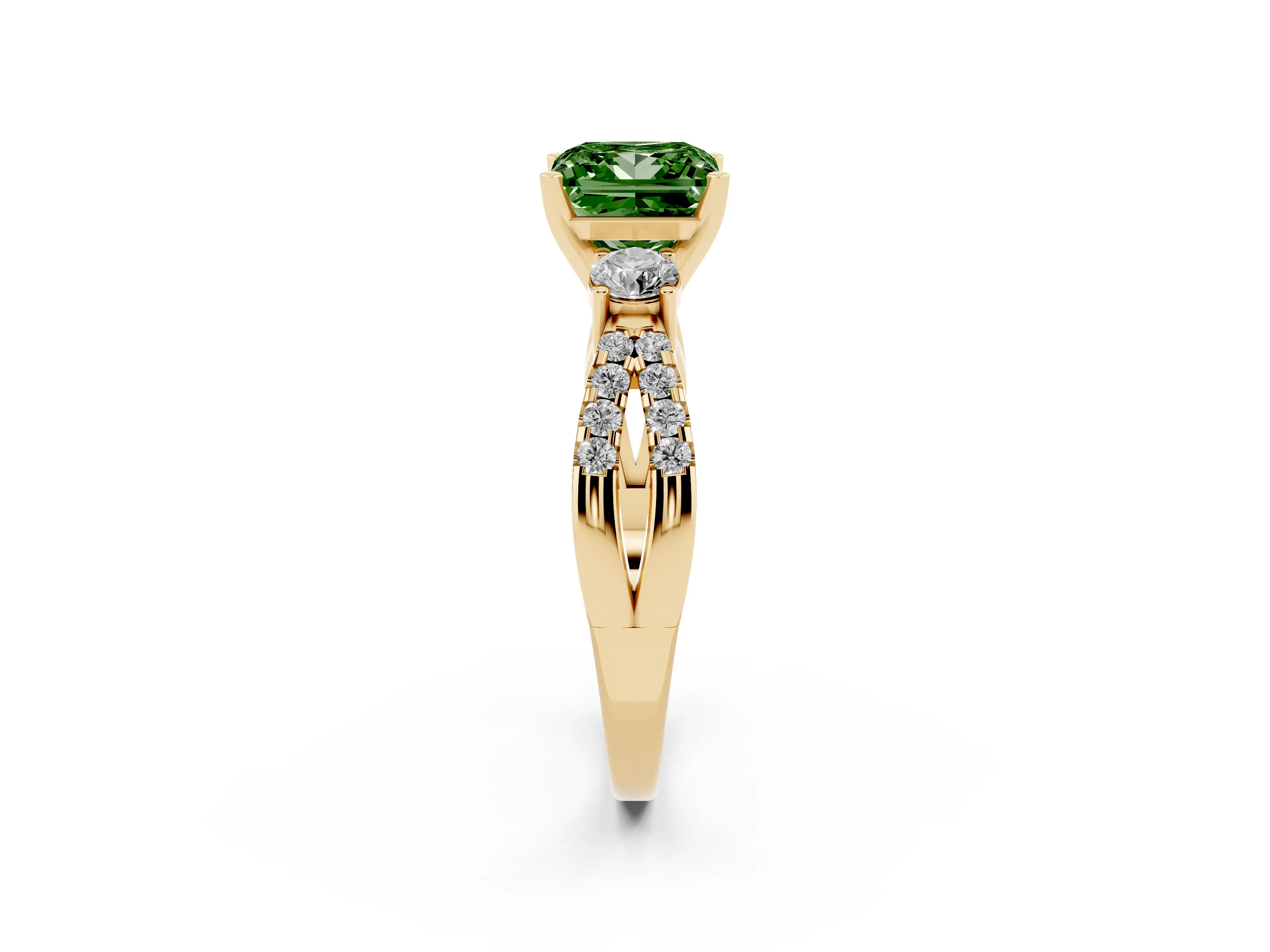 Fancy Green Princess Cut Diamond Three-Stone Ring Set in Yellow gold with Pavé Split Shank and Prong Setting