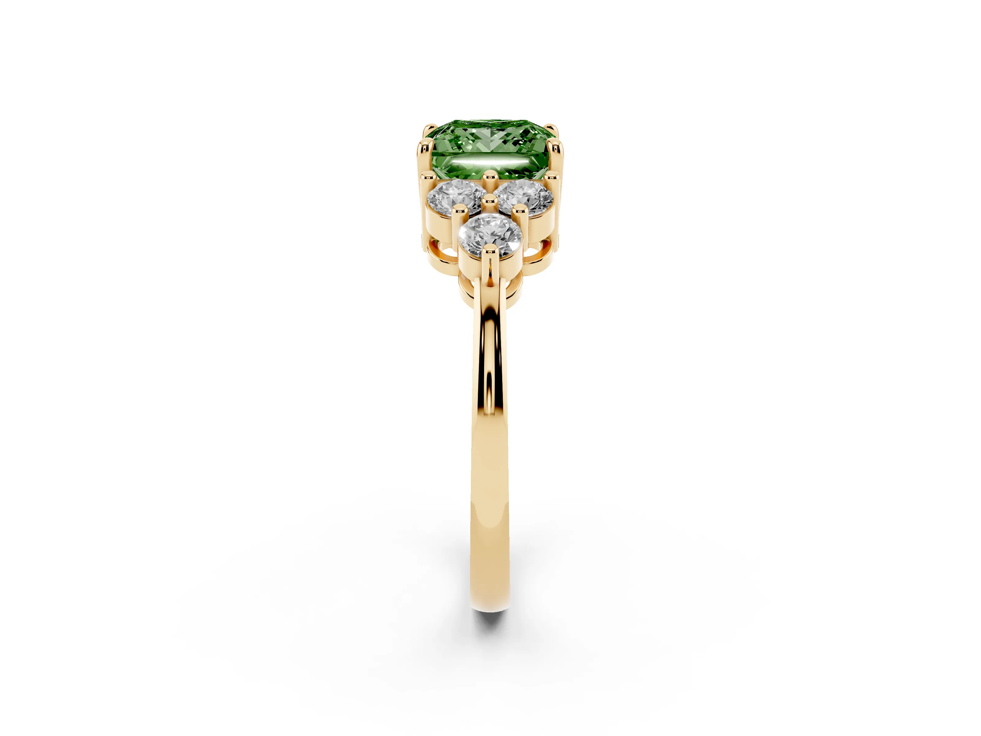 Fancy Green Princess Cut Diamond Solitaire Ring Set in Yellow gold with Cluster Accents on Each Side