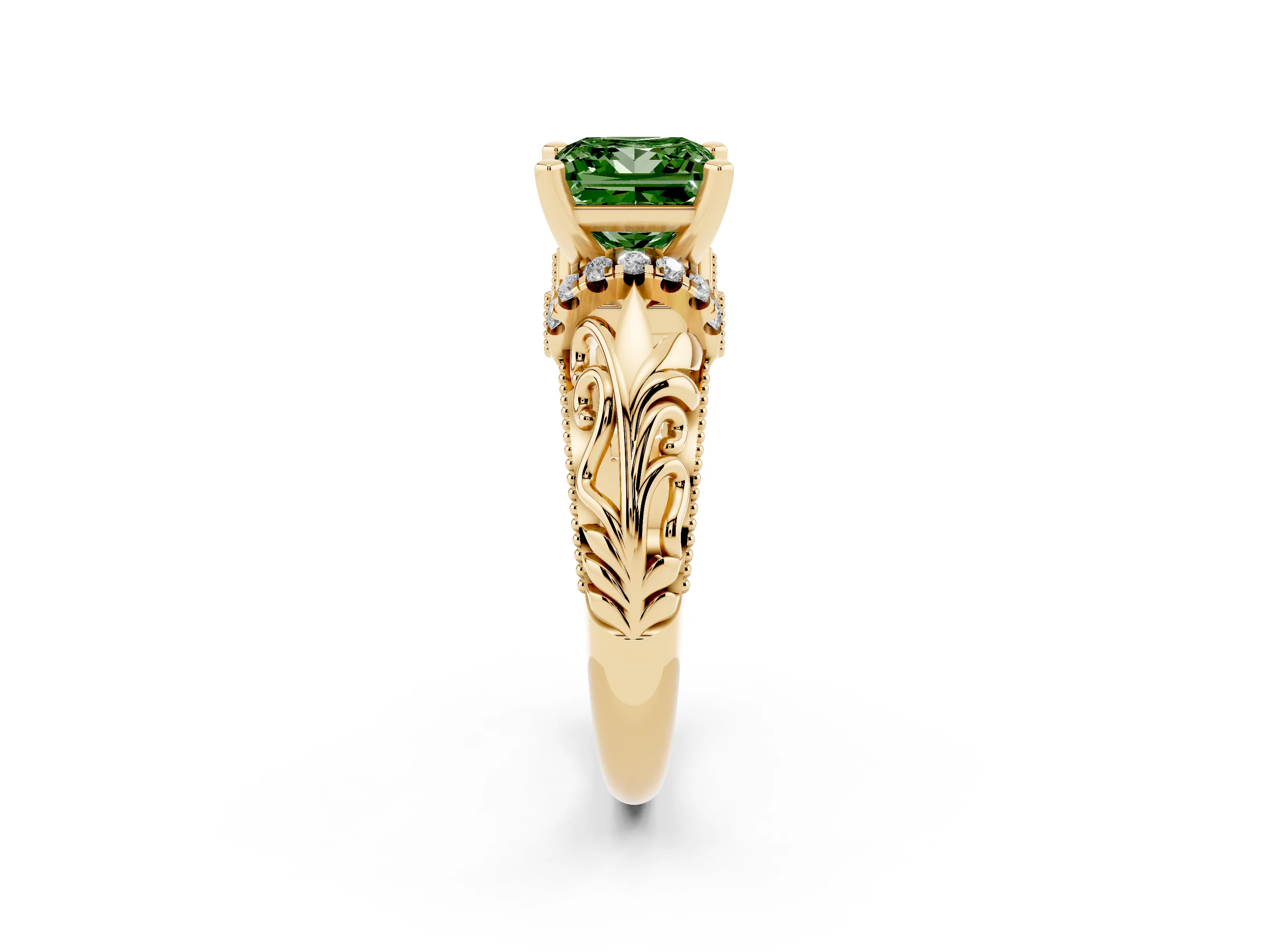 Fancy Green Princess Cut Diamond Filigree Halo Engagement Ring Set in Yellow gold with Prong Setting