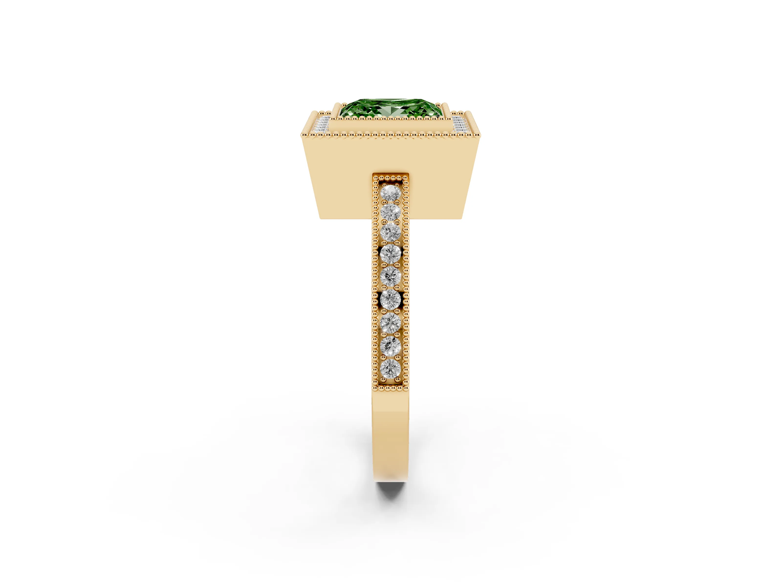 Fancy Green Princess Cut Diamond Halo Ring Set in Yellow gold with Pavé Band and Milgrain-Edged Prongs