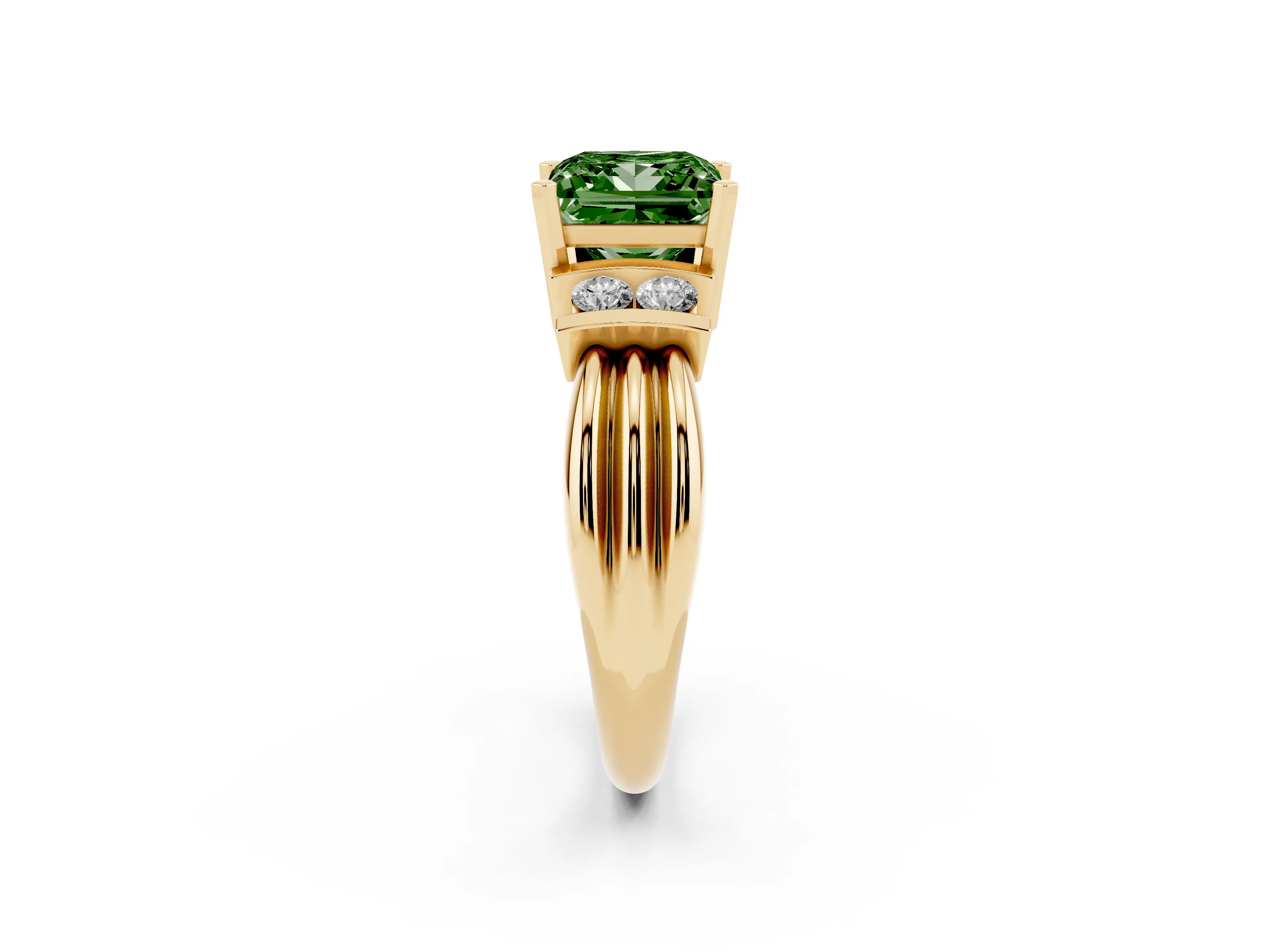 Fancy Green Three-Stone Princess Cut Diamond Channel Set Ring Set in Yellow gold with Bar Prongs