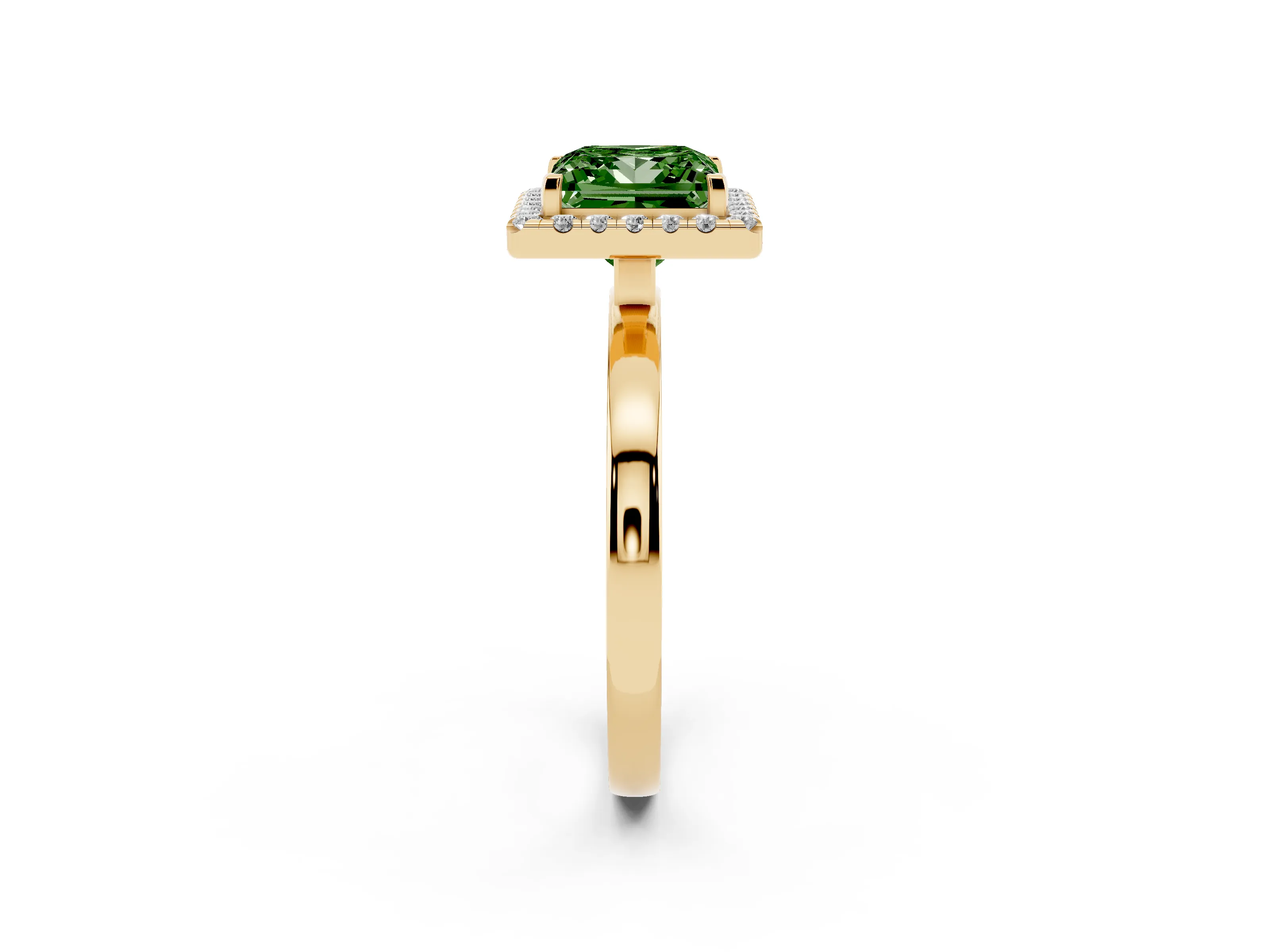 Fancy Green Princess Cut Diamond Halo Solitaire Ring Set in Yellow gold with Pavé Band and Prong Setting