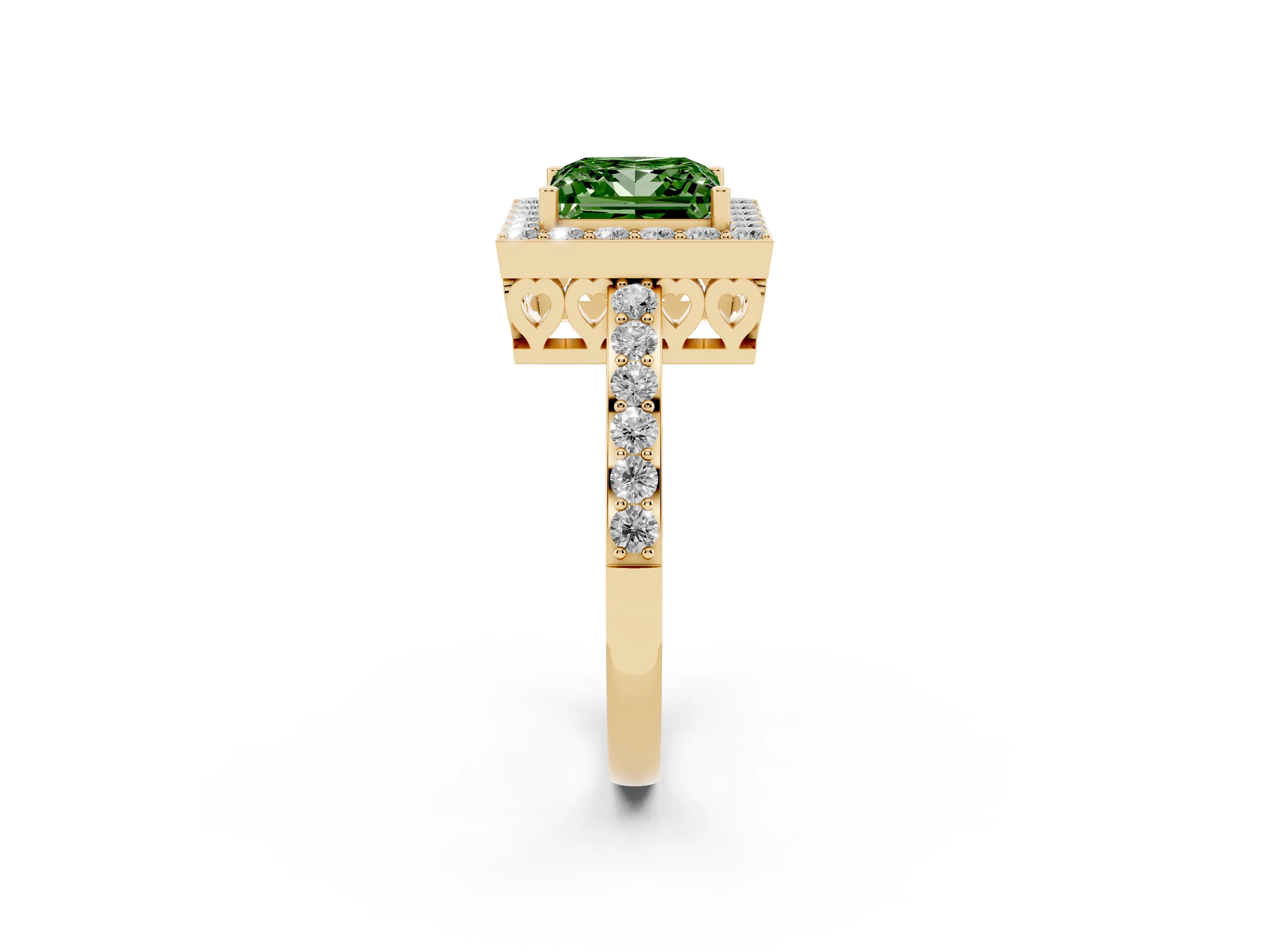 Fancy Green Princess Cut Diamond Halo Ring Set in Yellow gold with Pavé-Setting Band and Open Prong Center