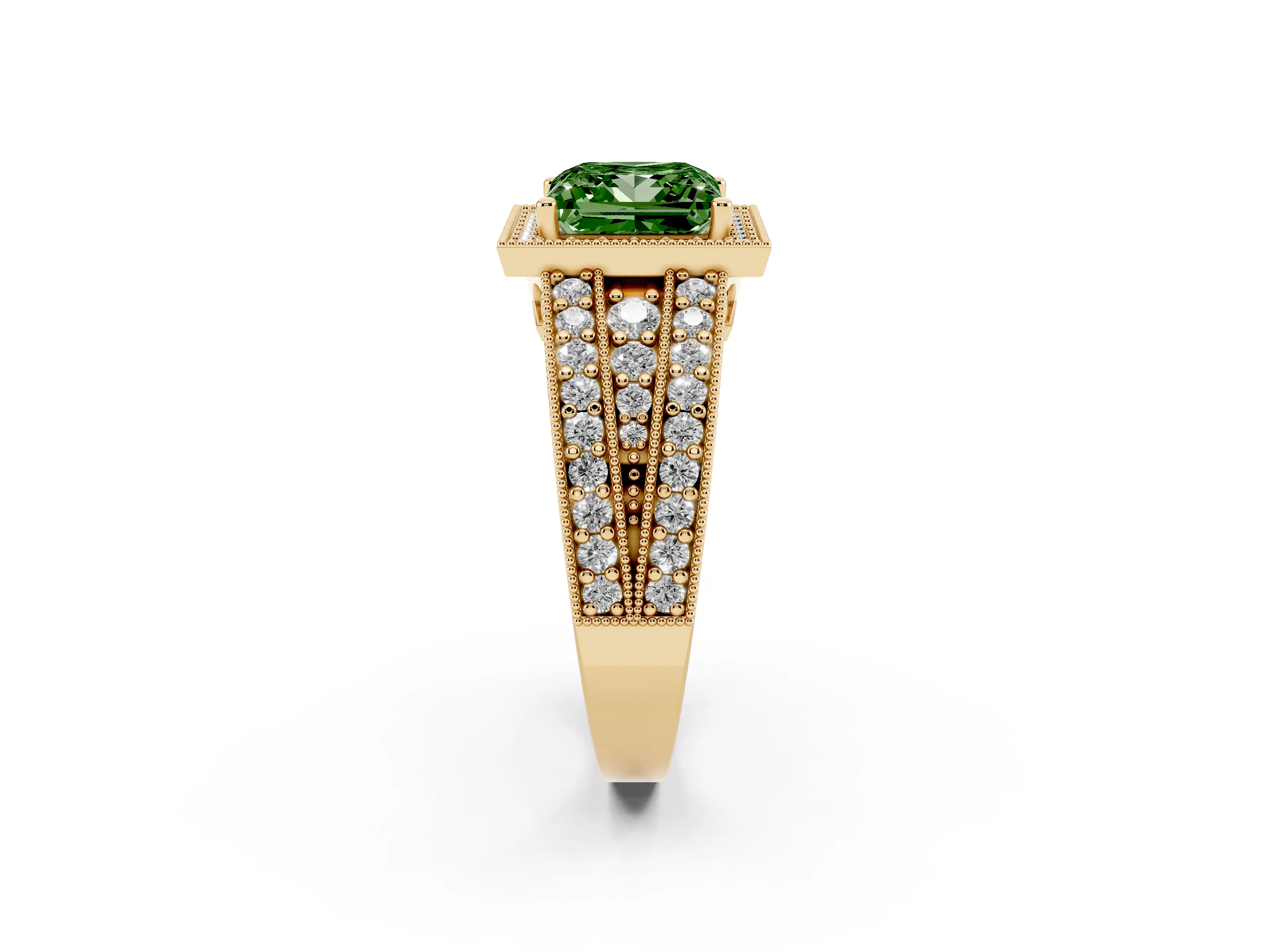 Fancy Green Princess Cut Diamond Halo Ring Set in Yellow gold with Accent Split Shank and Prong Setting