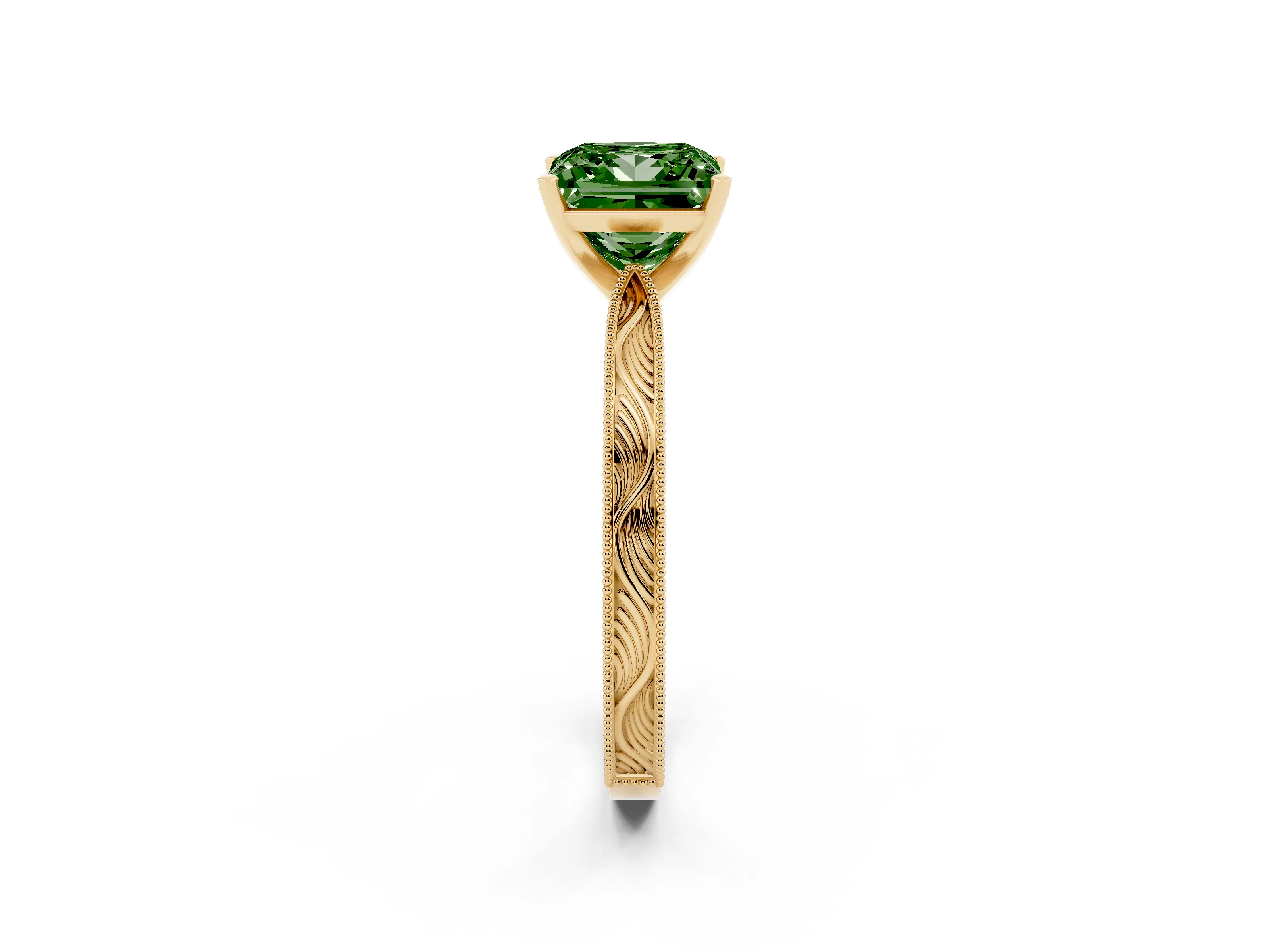 Fancy Green Princess Cut Diamond Solitaire Milgrain Engraved Band Set in Yellow gold with Prong Setting