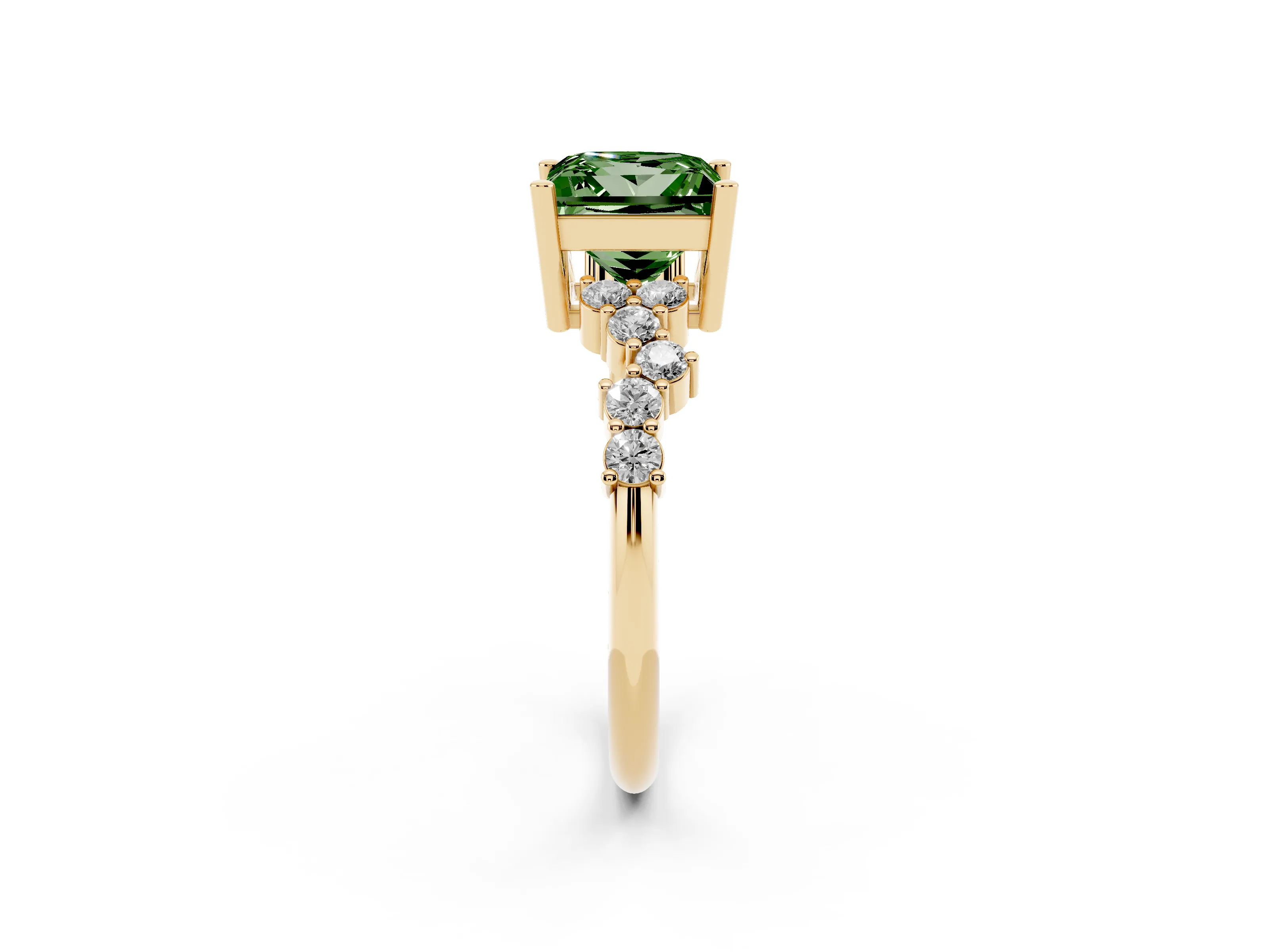 Fancy Green Princess Cut Diamond Ring Set in Yellow gold with Scattered Round Accents