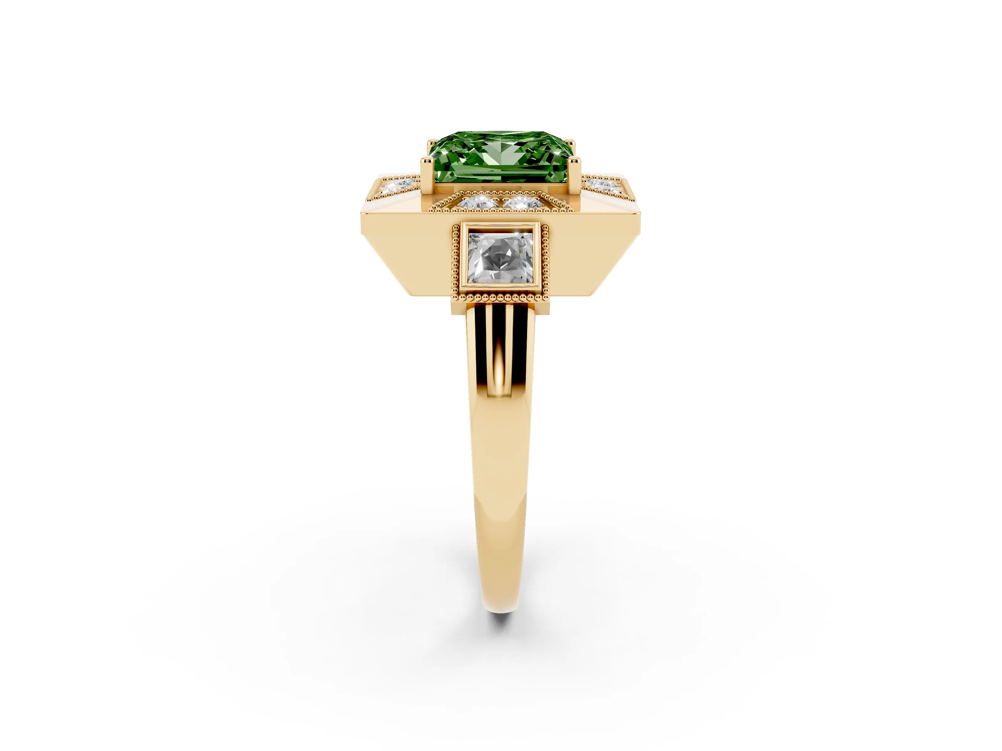 Fancy Green Princess Cut Diamond Milgrain Halo Ring Set in Yellow gold with Split Shank
