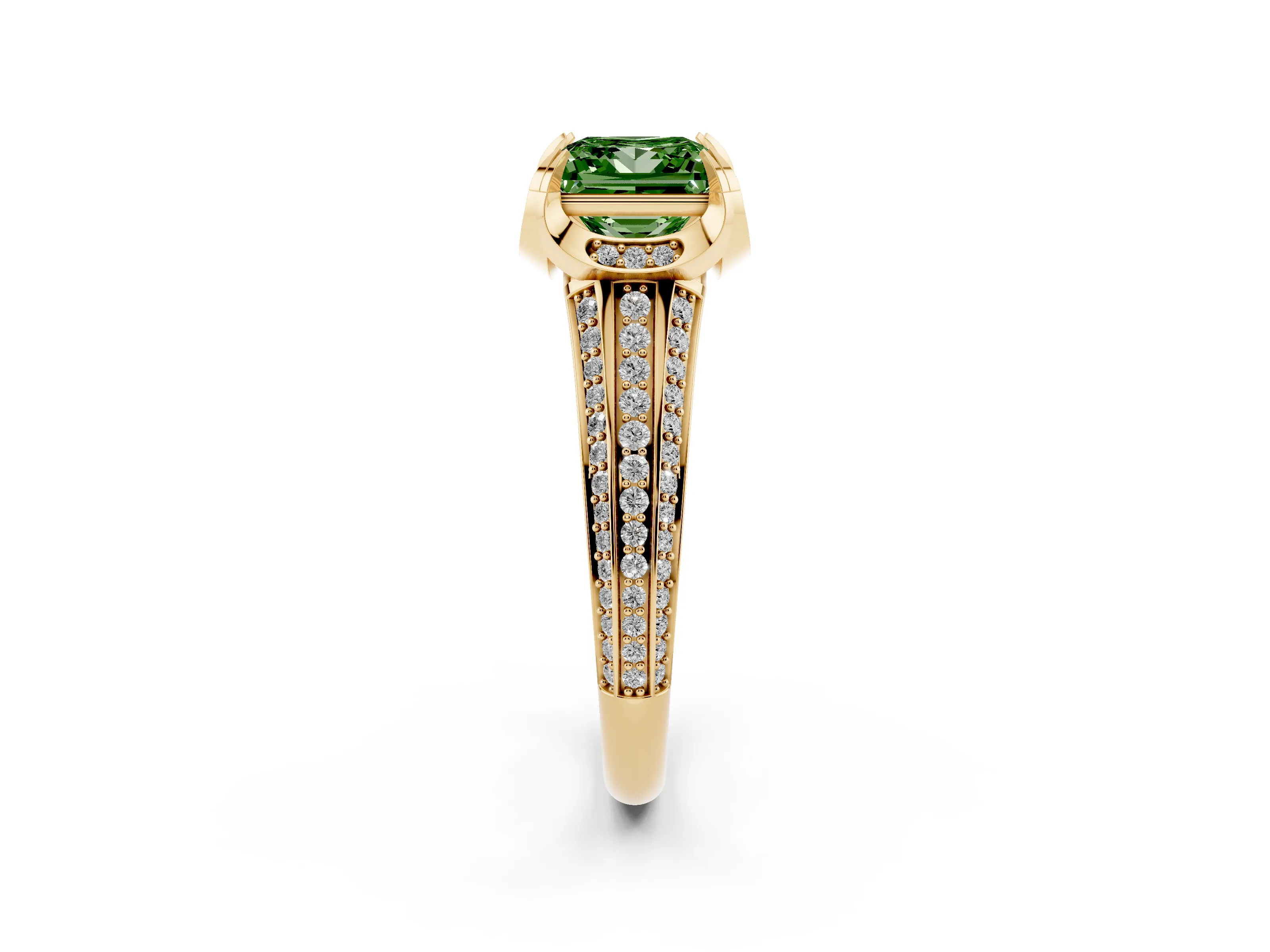 Fancy Green Princess Cut Diamond Pavé Split Shank Solitaire Ring Set in Yellow gold with Prong Setting