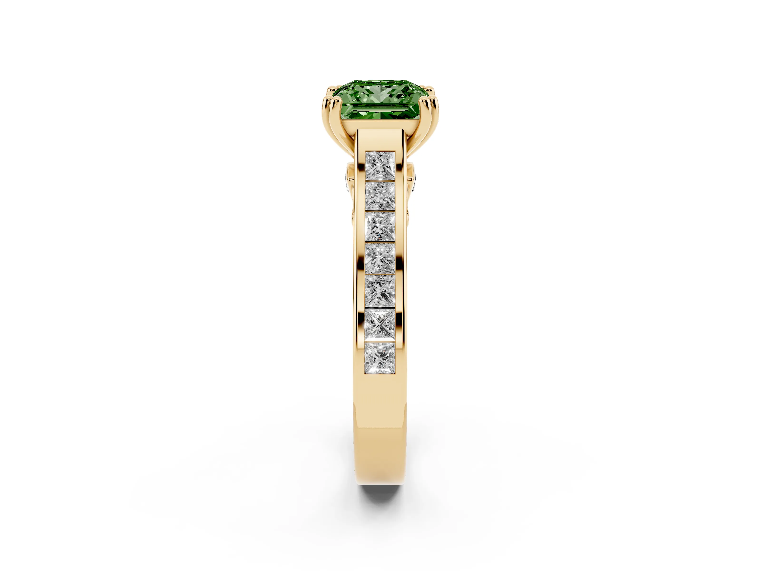 Fancy Green Princess Cut Diamond Channel Set Solitaire Engagement Ring Set in Yellow gold with Prong Setting