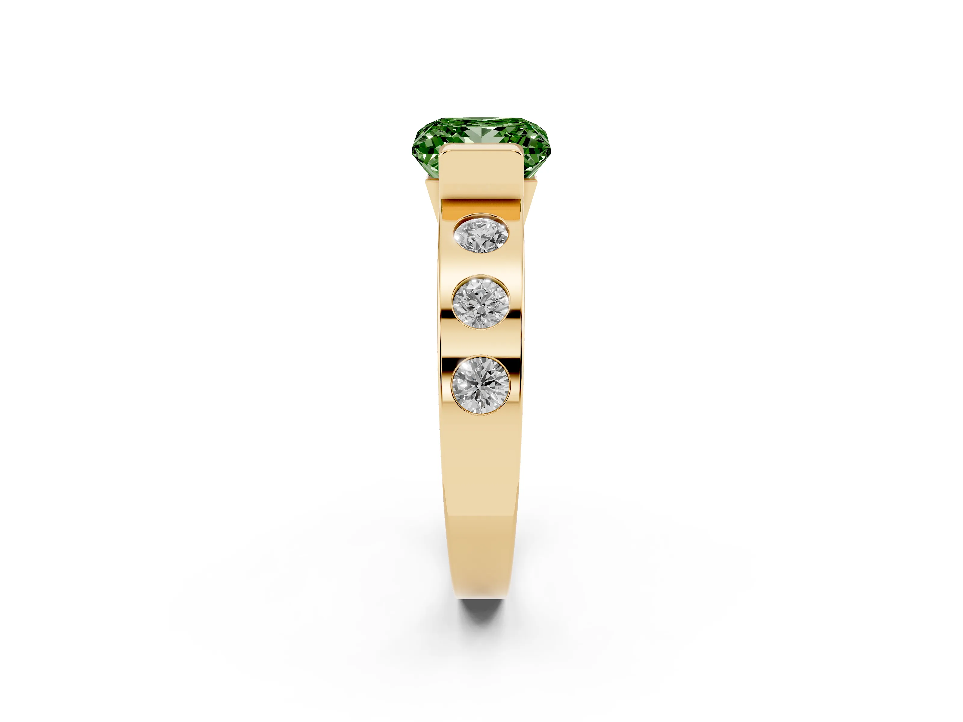 Fancy Green Princess Cut Diamond Channel-Set Band Ring Set in Yellow gold with Bezel Prong Setting