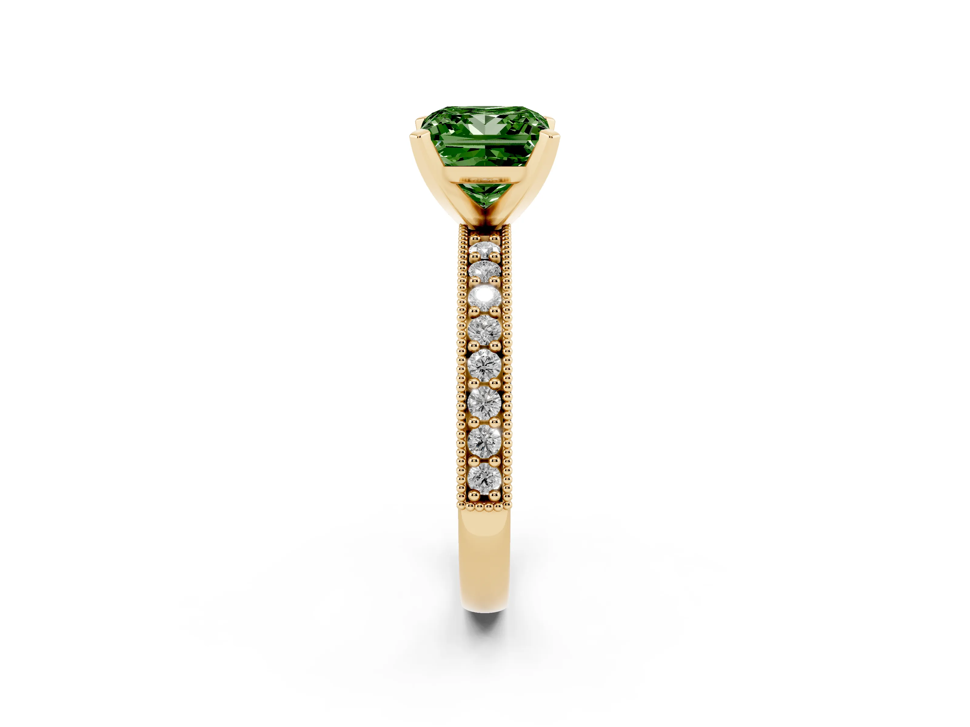 Fancy Green Princess Cut Diamond Milgrain Pavé Engagement Ring Set in Yellow gold with Prong Setting