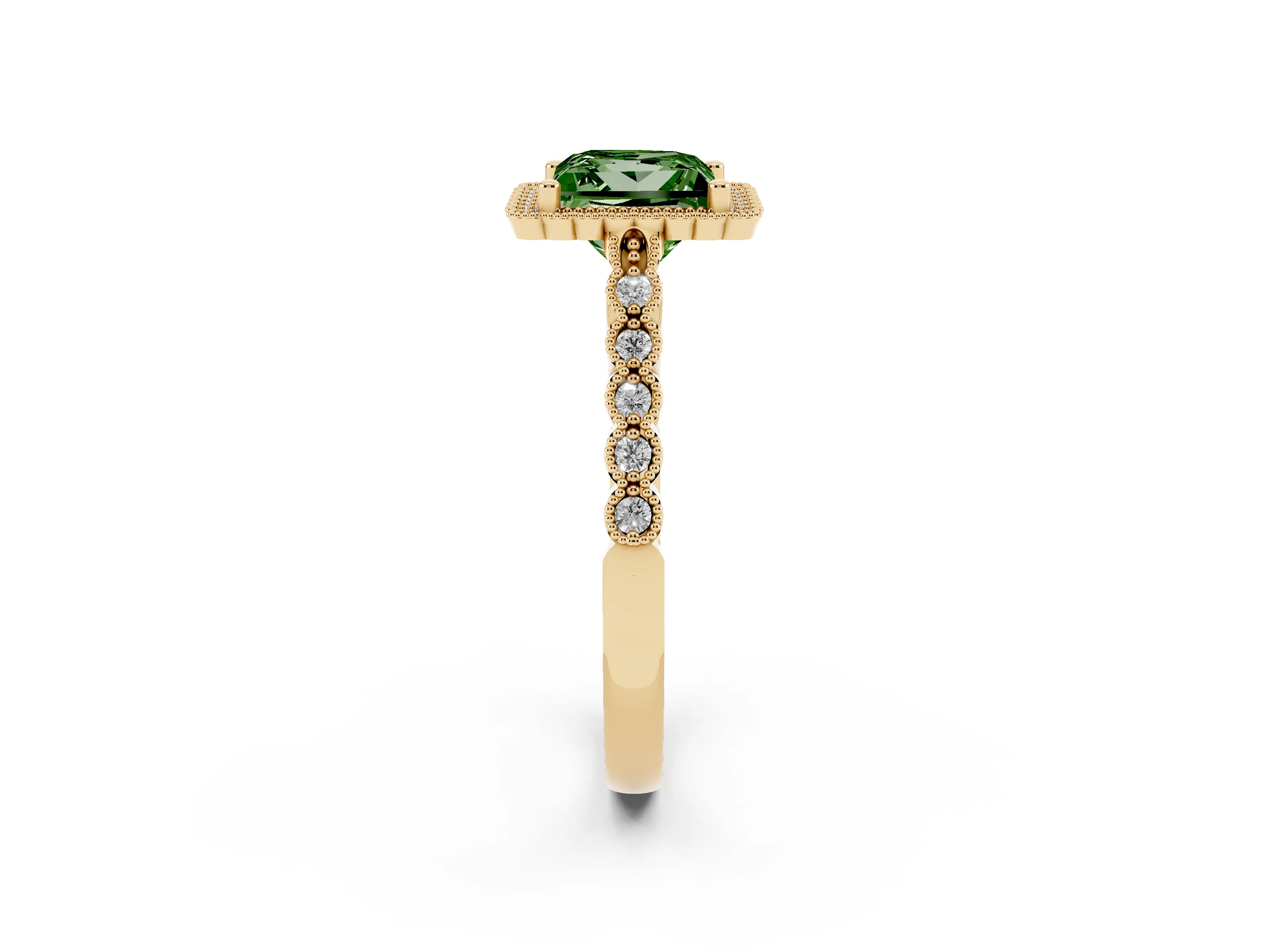 Fancy Green Princess Cut Diamond Halo Ring Set in Yellow gold with Pavé Milgrain Band