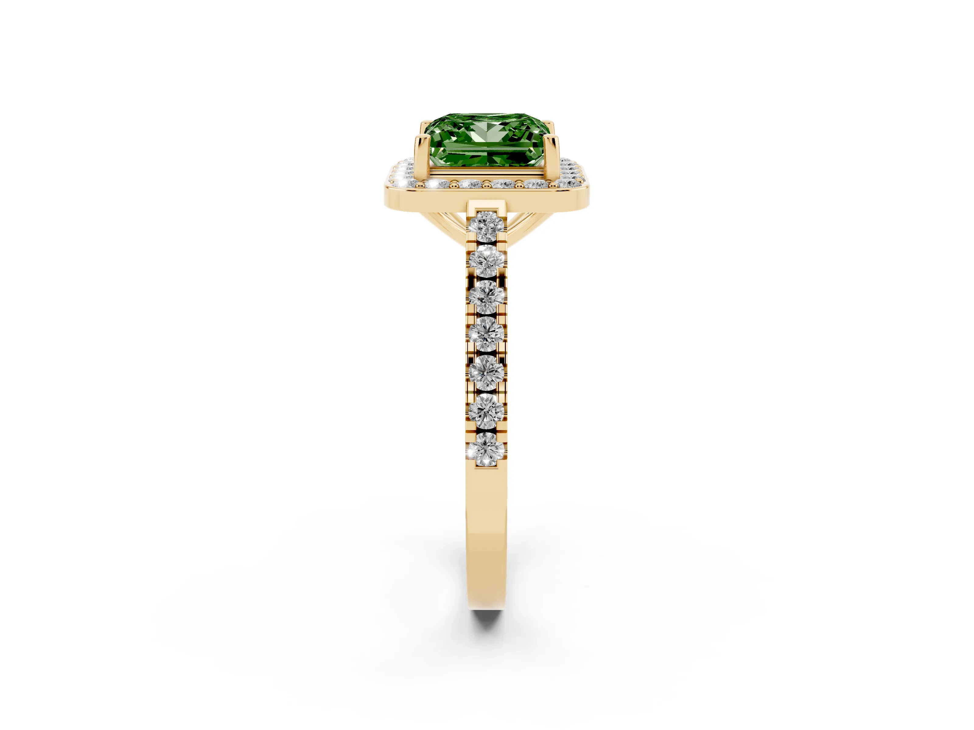 Fancy Green Princess Cut Diamond Halo Ring Set in Yellow gold with Round Pavé Split Shank and Prong Setting