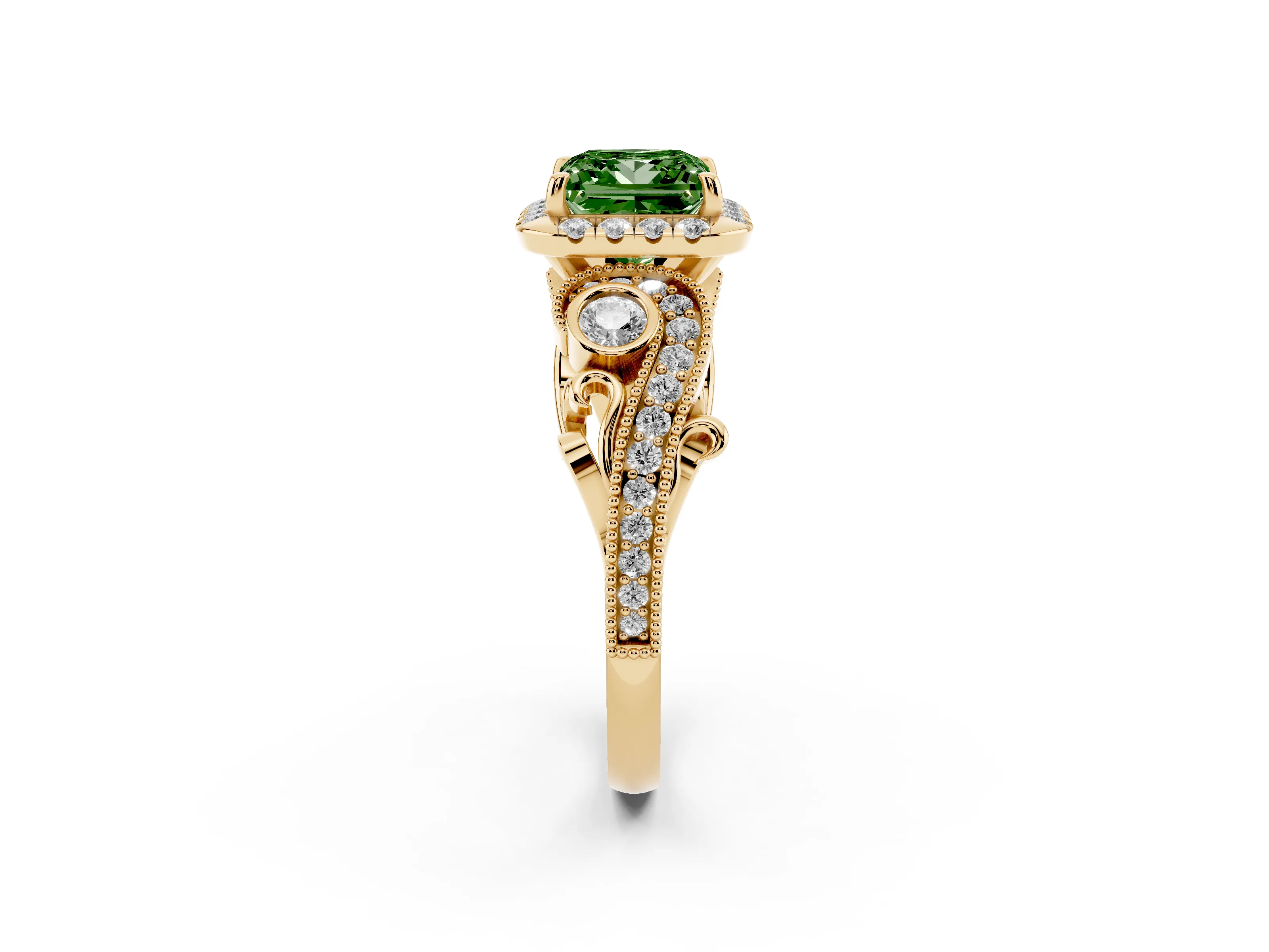Fancy Green Princess Cut Diamond Halo Split Shank Ring Set in Yellow gold with Milgrain and Bezel Accents