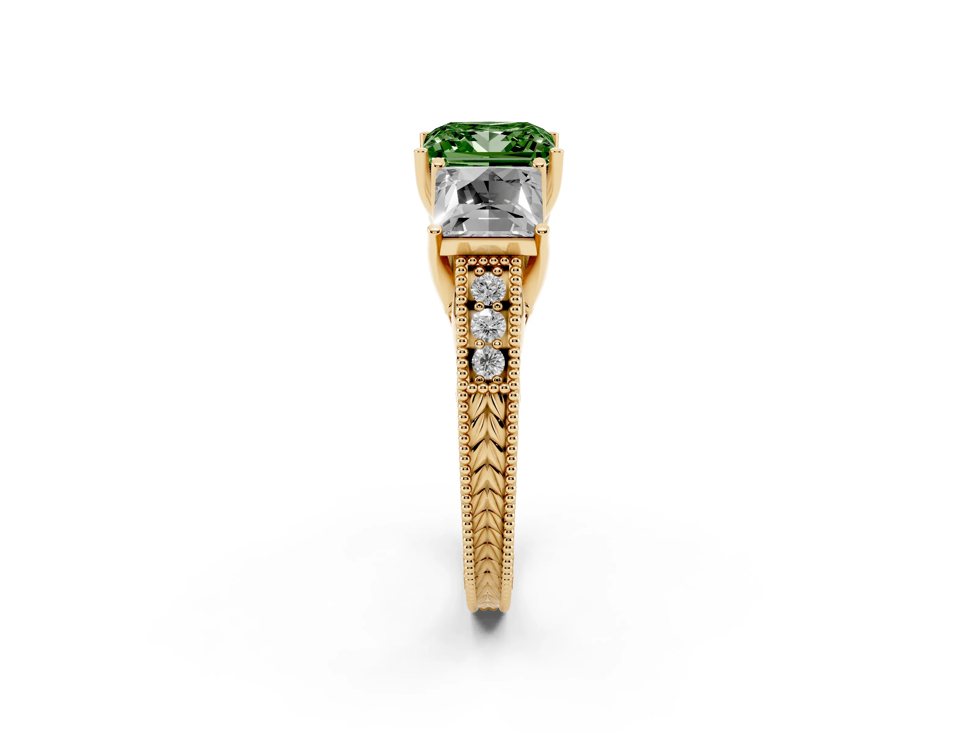 Fancy Green Princess Cut Diamond Three-Stone Engagement Ring Set in Yellow gold with Milgrain Pavé Band