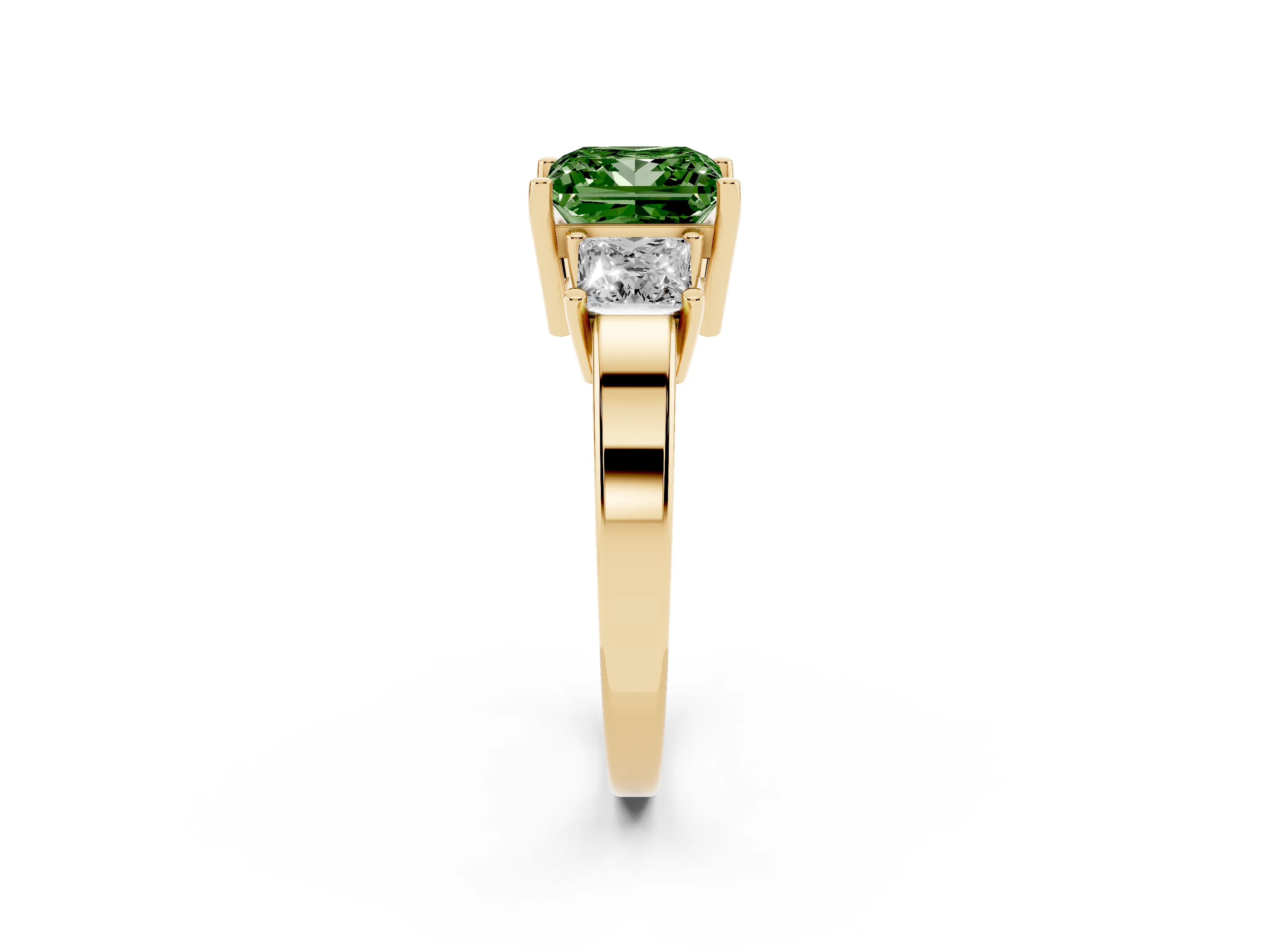 Fancy Green Three-Stone Princess Cut Diamond Solitaire Ring Set in Yellow gold with Prong Setting