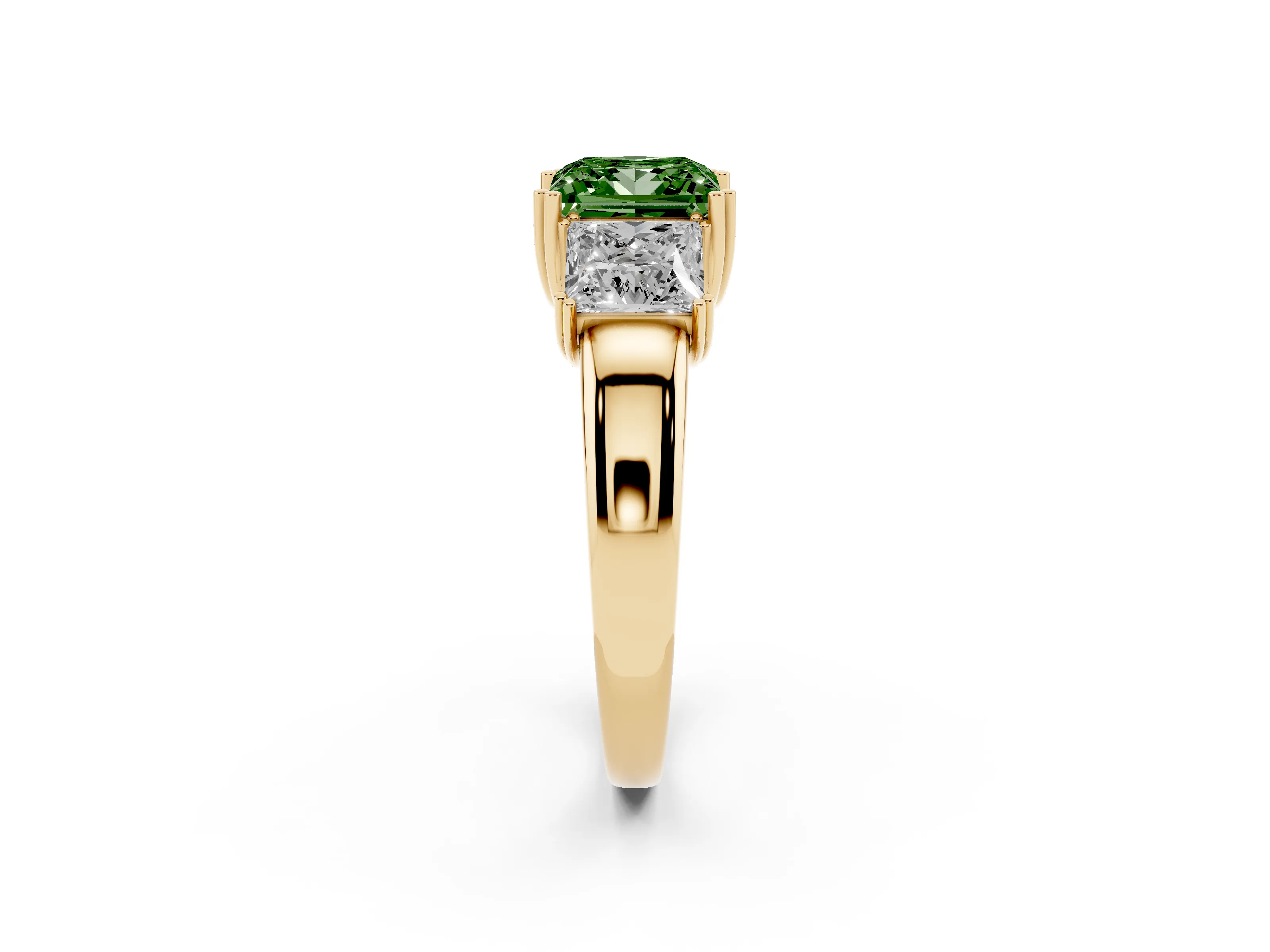 Fancy Green Princess Cut Diamond Three-Stone Ring Set in Yellow gold with Polished Channel-Set Band