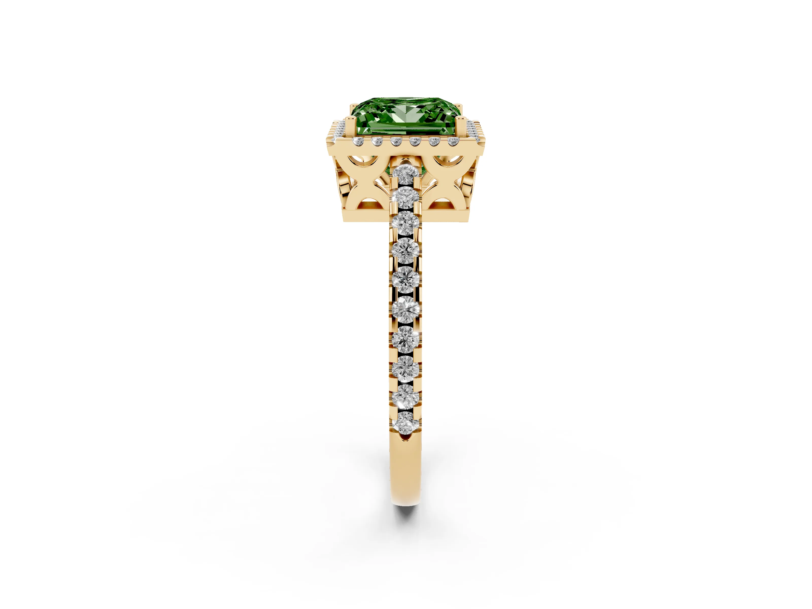 Fancy Green Princess Cut Diamond Halo Ring Set in Yellow gold with Pavé Shoulders and Halo-Framed Center