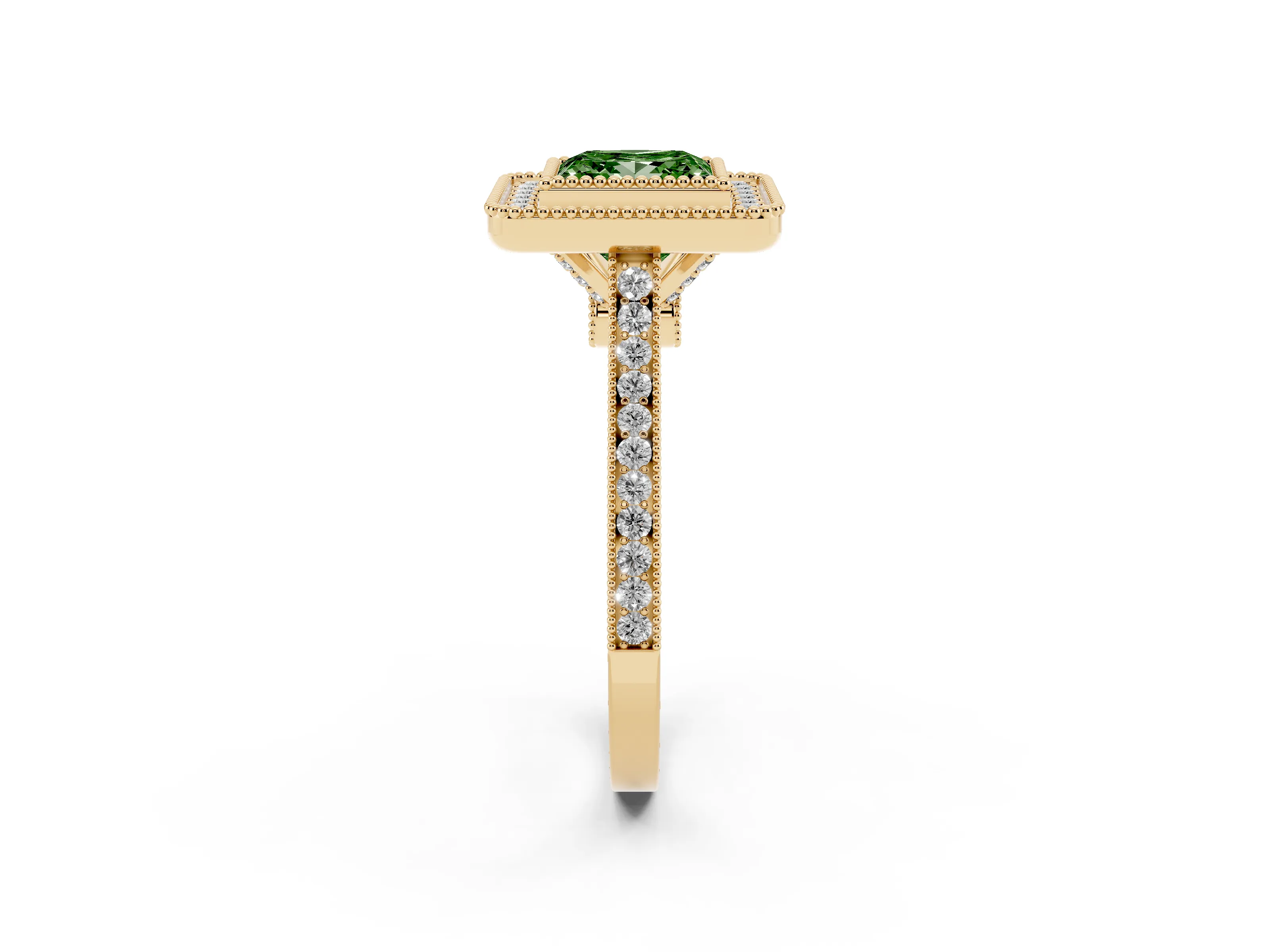 Fancy Green Princess Cut Diamond Halo Ring Set in Yellow gold with Milgrain Frame and Pavé Band