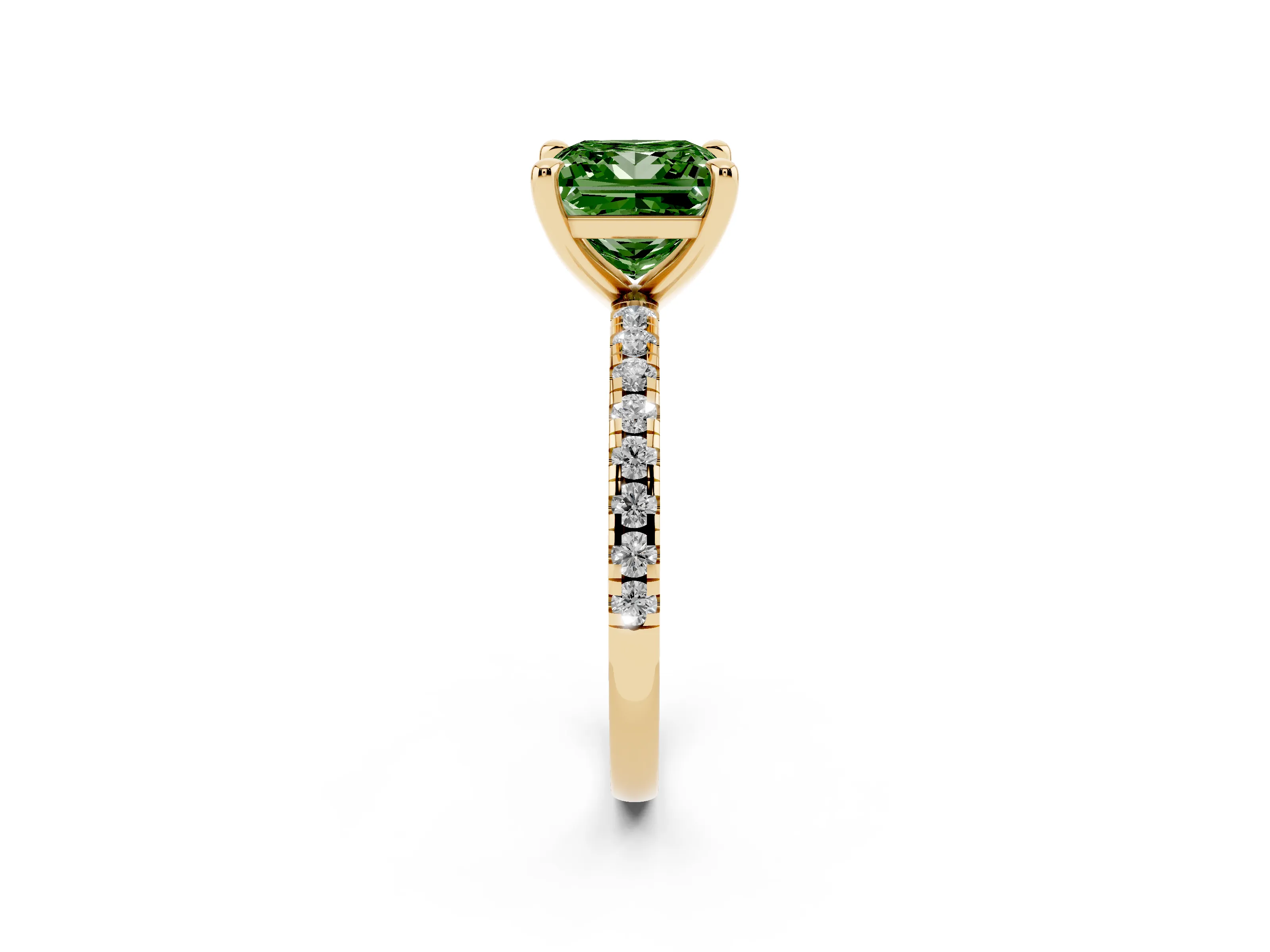 Fancy Green Princess Cut Diamond Brilliant Solitaire Ring Set in Yellow gold with Pavé Band and Prong Setting