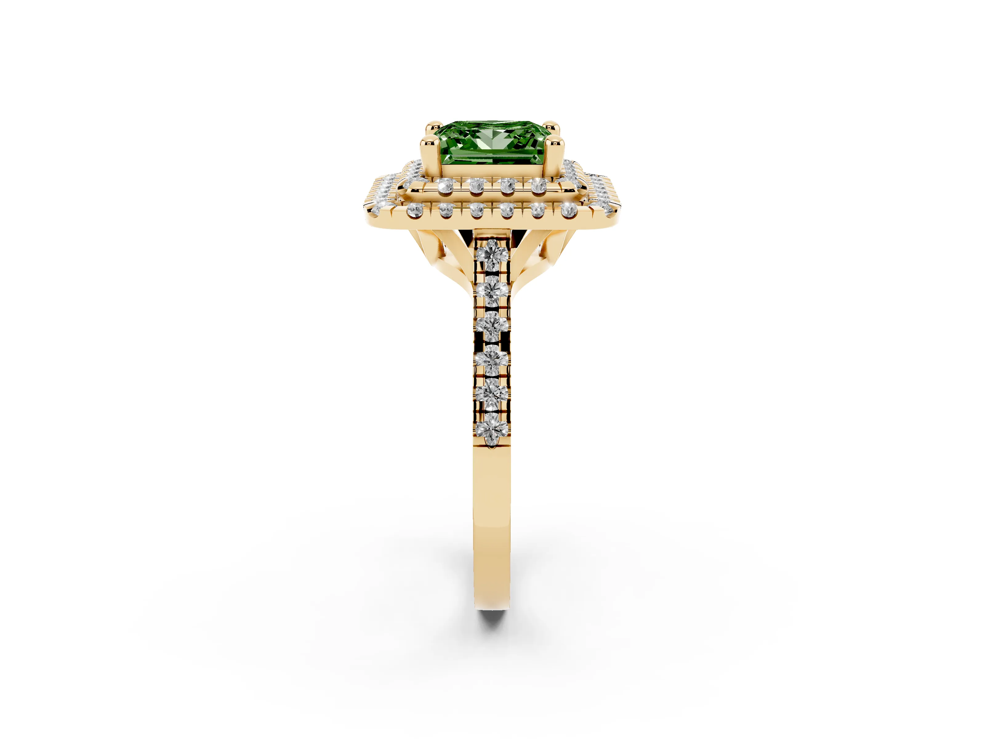 Fancy Green Princess Cut Diamond Double Halo Statement Ring Set in Yellow gold with Pavé Band