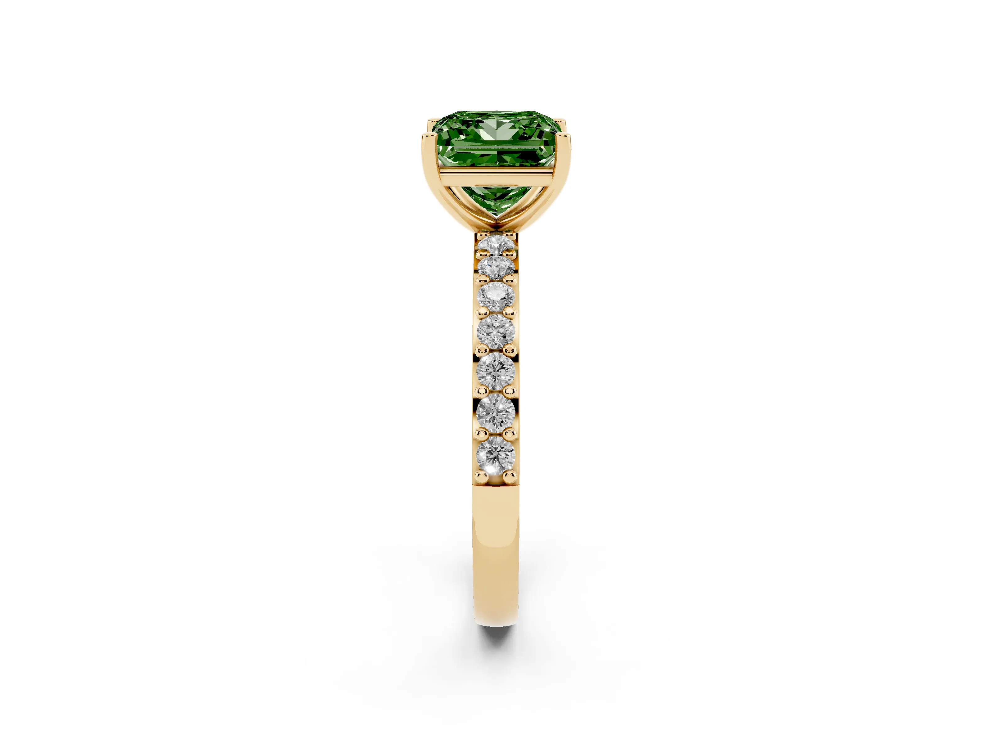 Fancy Green Princess Cut Diamond Solitaire Set in Yellow gold with Round Pavé Band and Prong Setting
