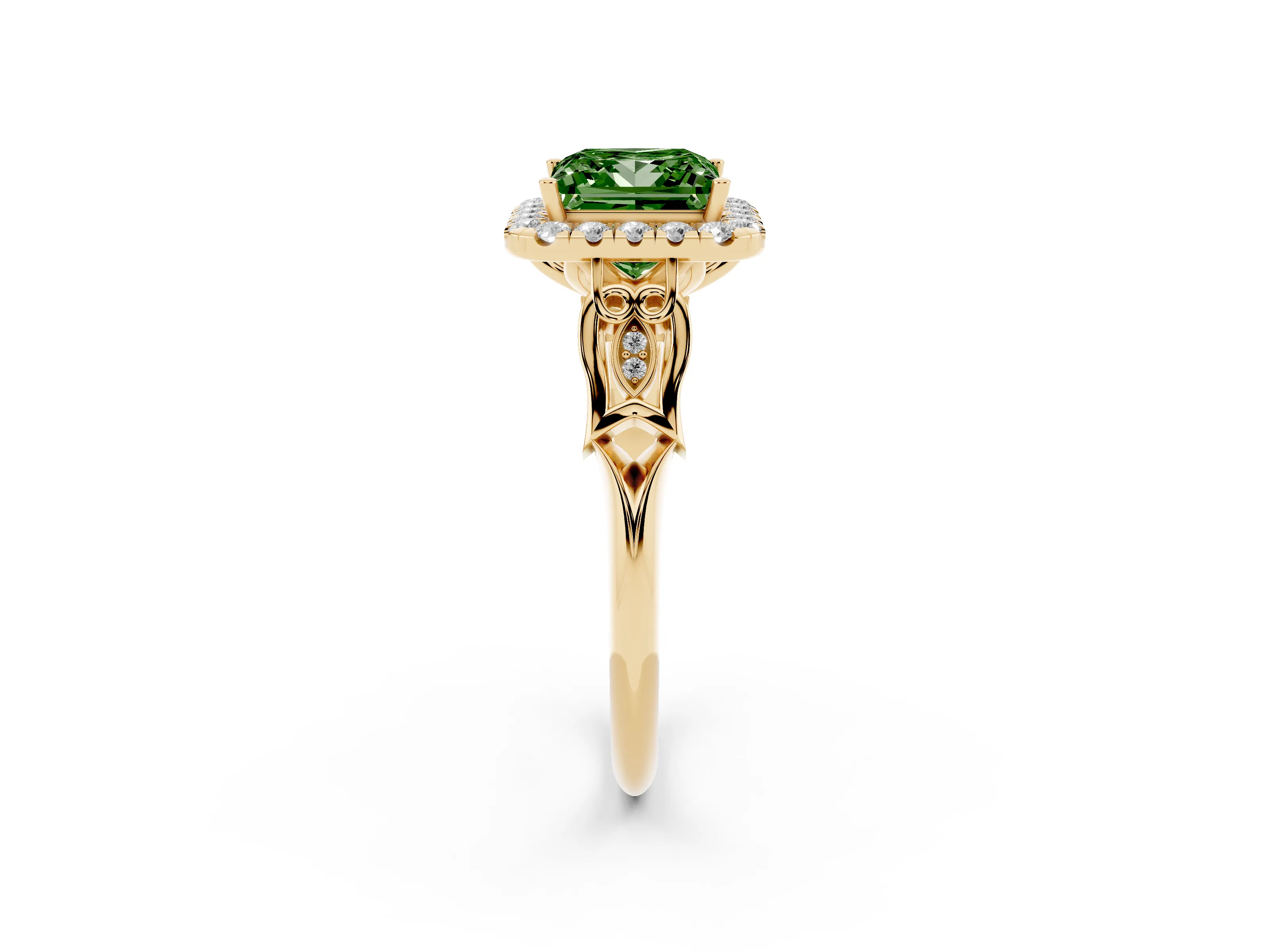 Fancy Green Princess Cut Diamond Halo Engagement Ring Set in Yellow gold with Filigree Band and Prong-Set Center