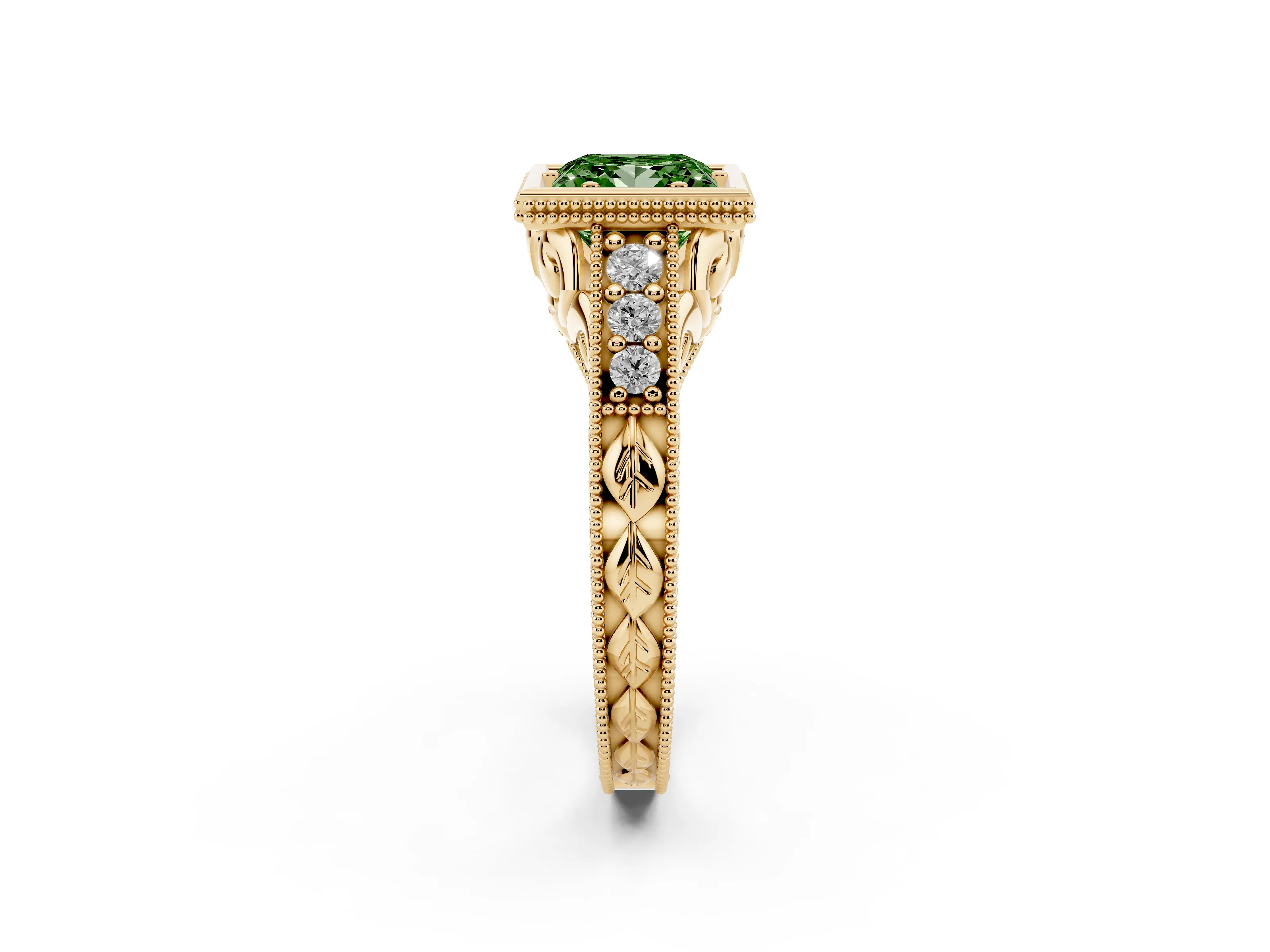 Fancy Green Bezel Set Princess Cut Diamond Milgrain Pavé Engagement Ring Set in Yellow gold