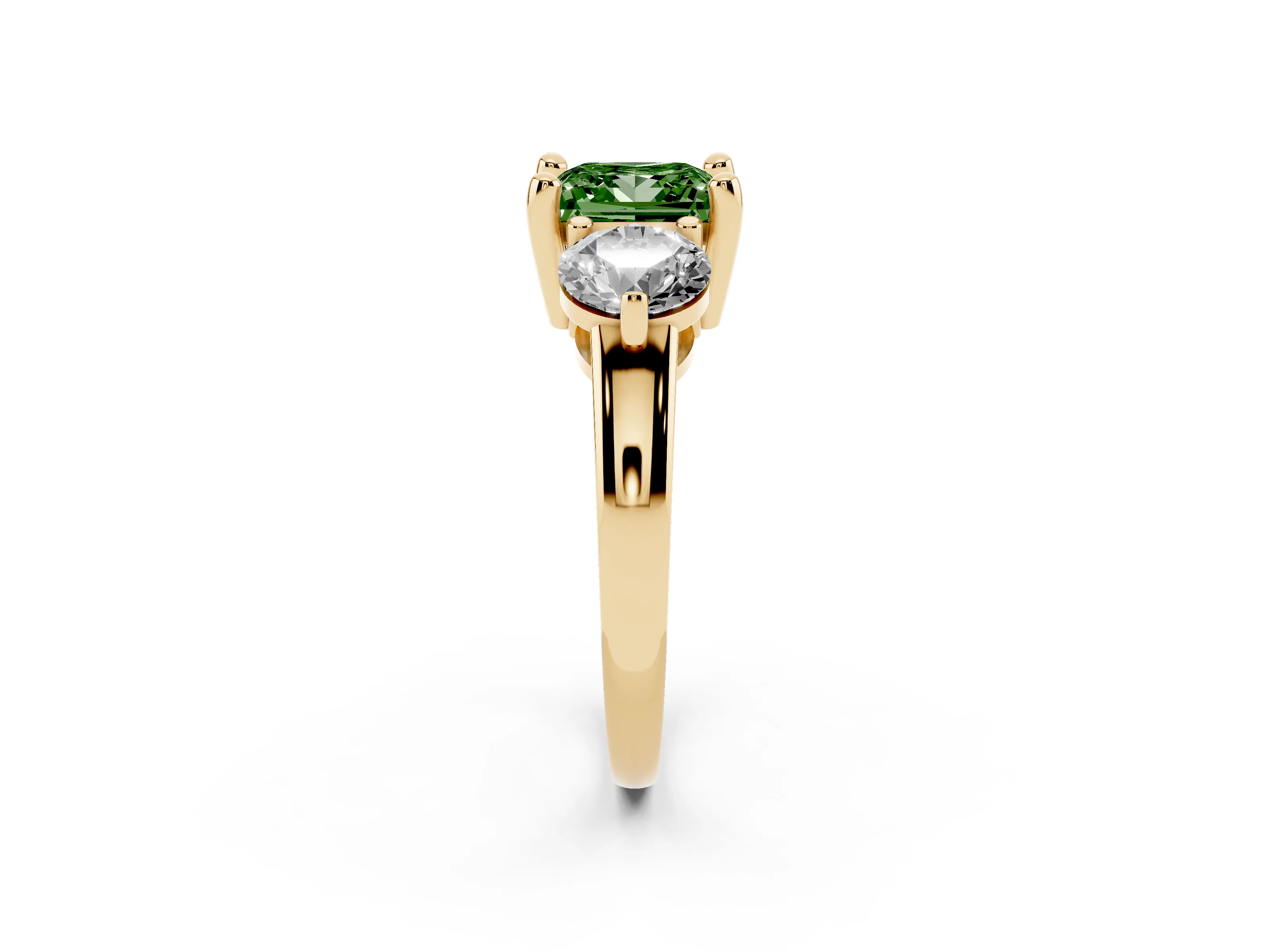 Fancy Green Princess Cut Diamond Three-Stone Ring Set in Yellow gold with Prong Setting and Classic Band
