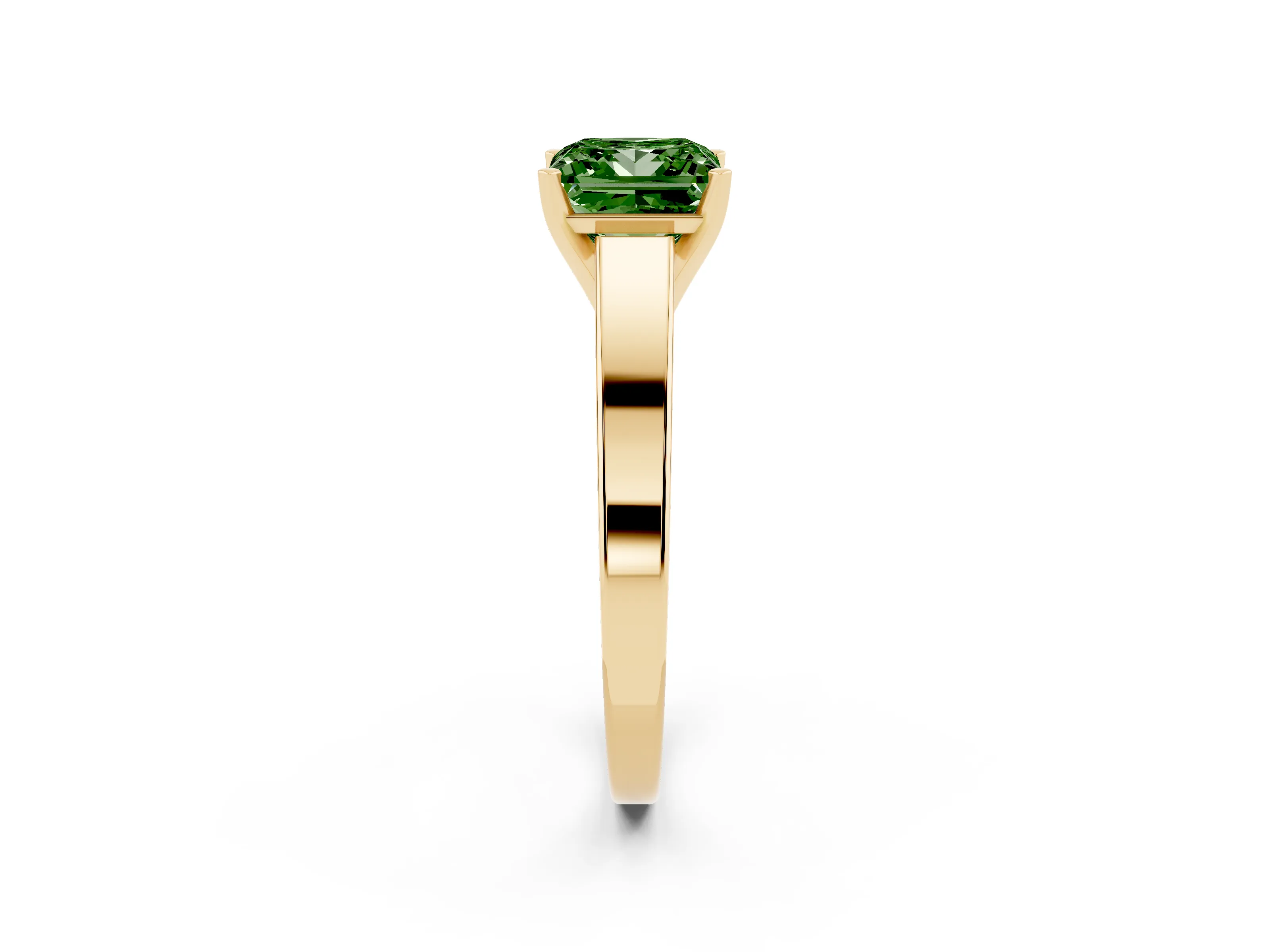 Fancy Green Princess Cut Diamond Solitaire Engagement Ring Set in Yellow gold with Prong Setting and Tapered Band