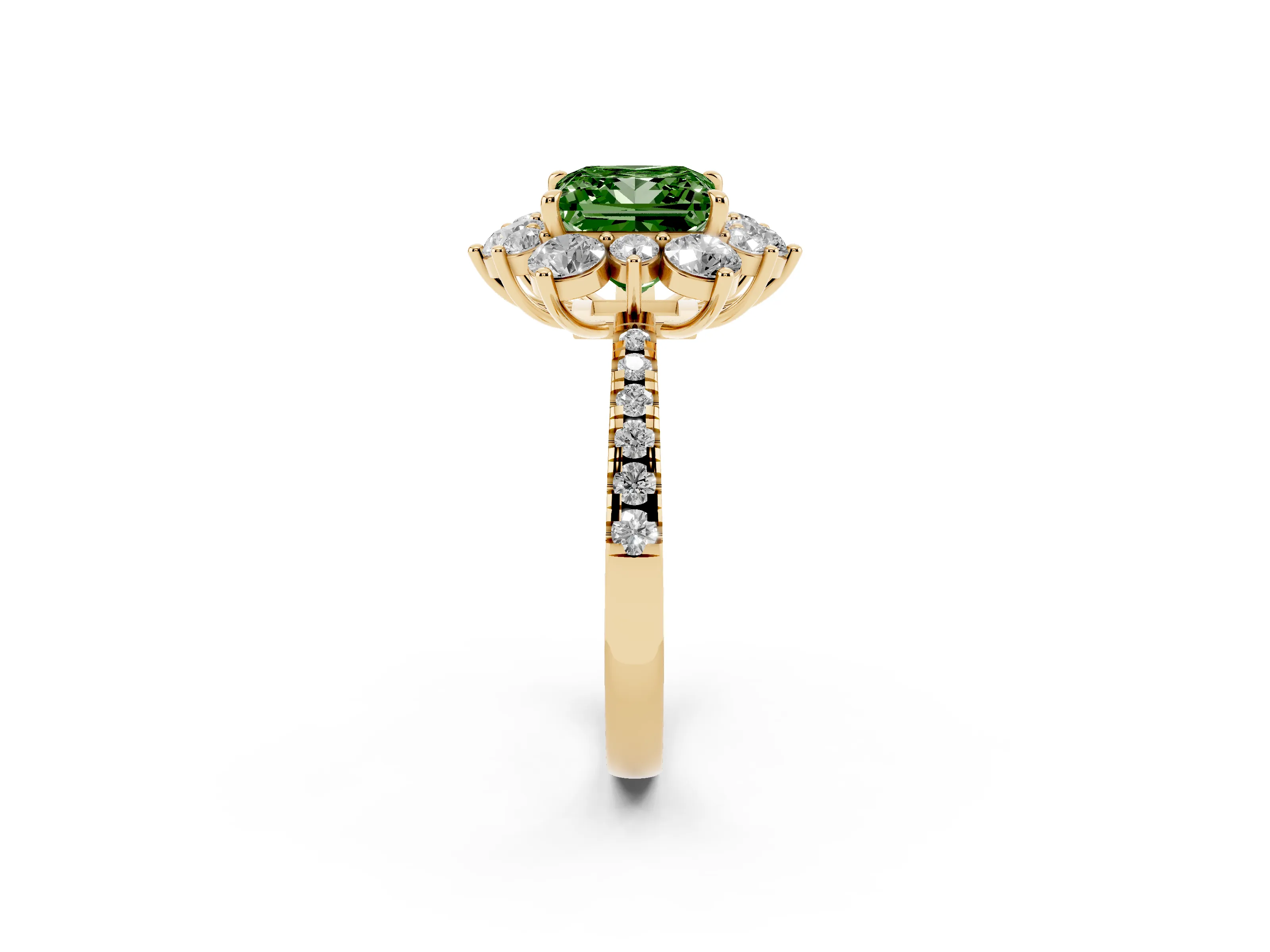 Fancy Green Princess Cut Diamond Floral Halo Ring Set in Yellow gold with Round Pavé Band and Prong Setting