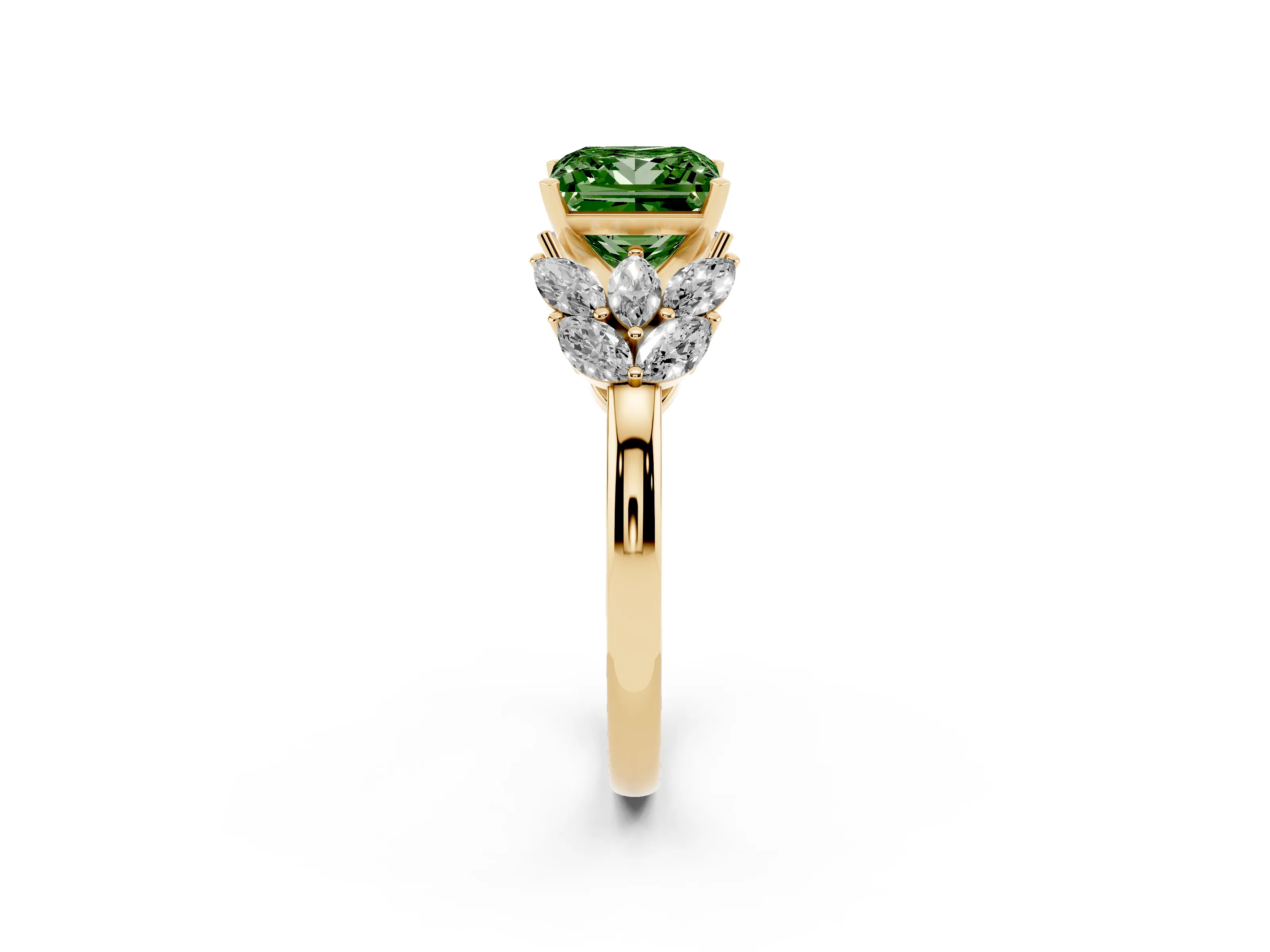 Fancy Green Princess Cut Diamond Cluster Leaf Design Ring Set in Yellow gold with Prong Setting