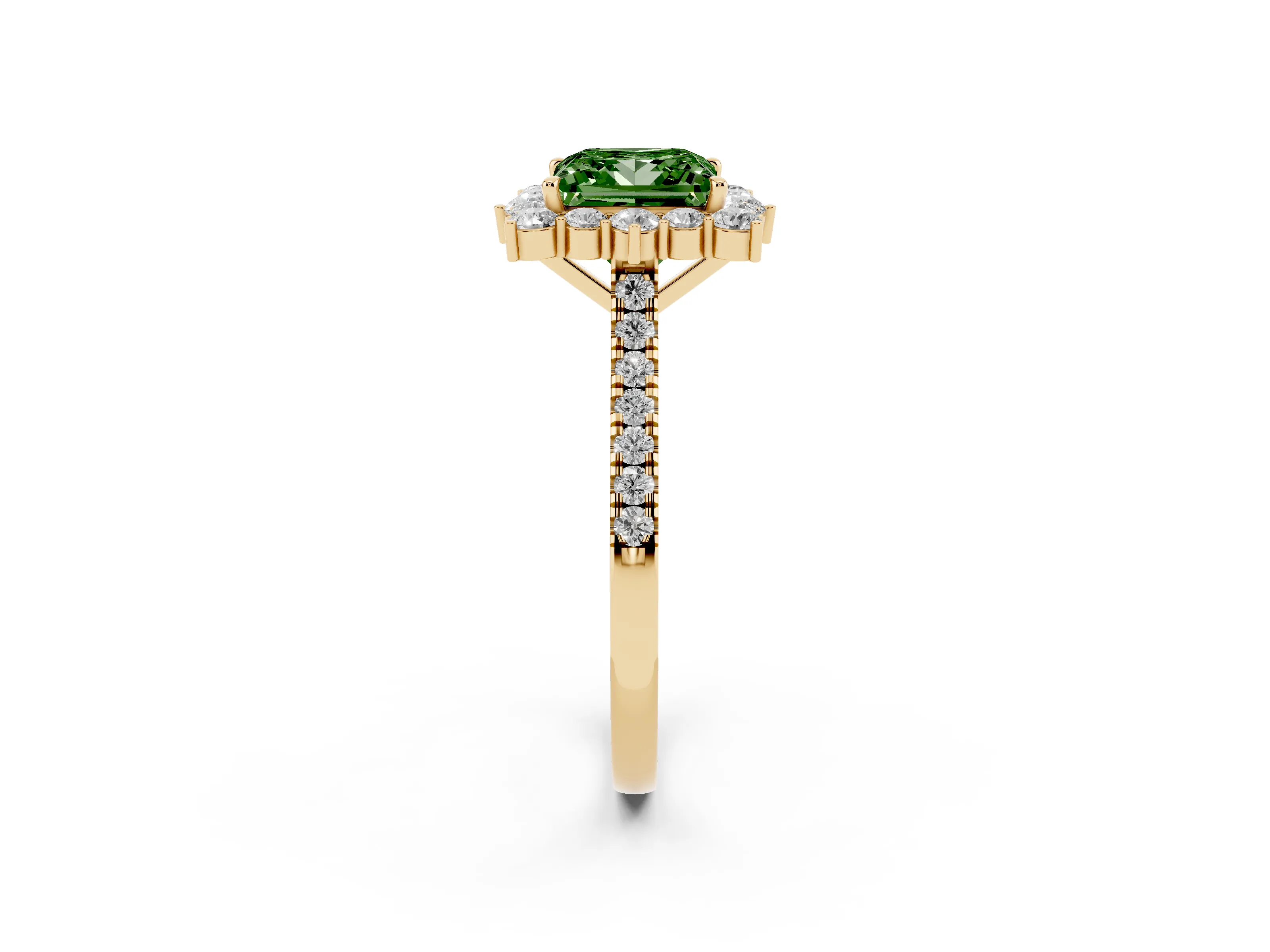 Fancy Green Princess Cut Diamond Halo Ring Set in Yellow gold with Pavé Band and Prong Setting
