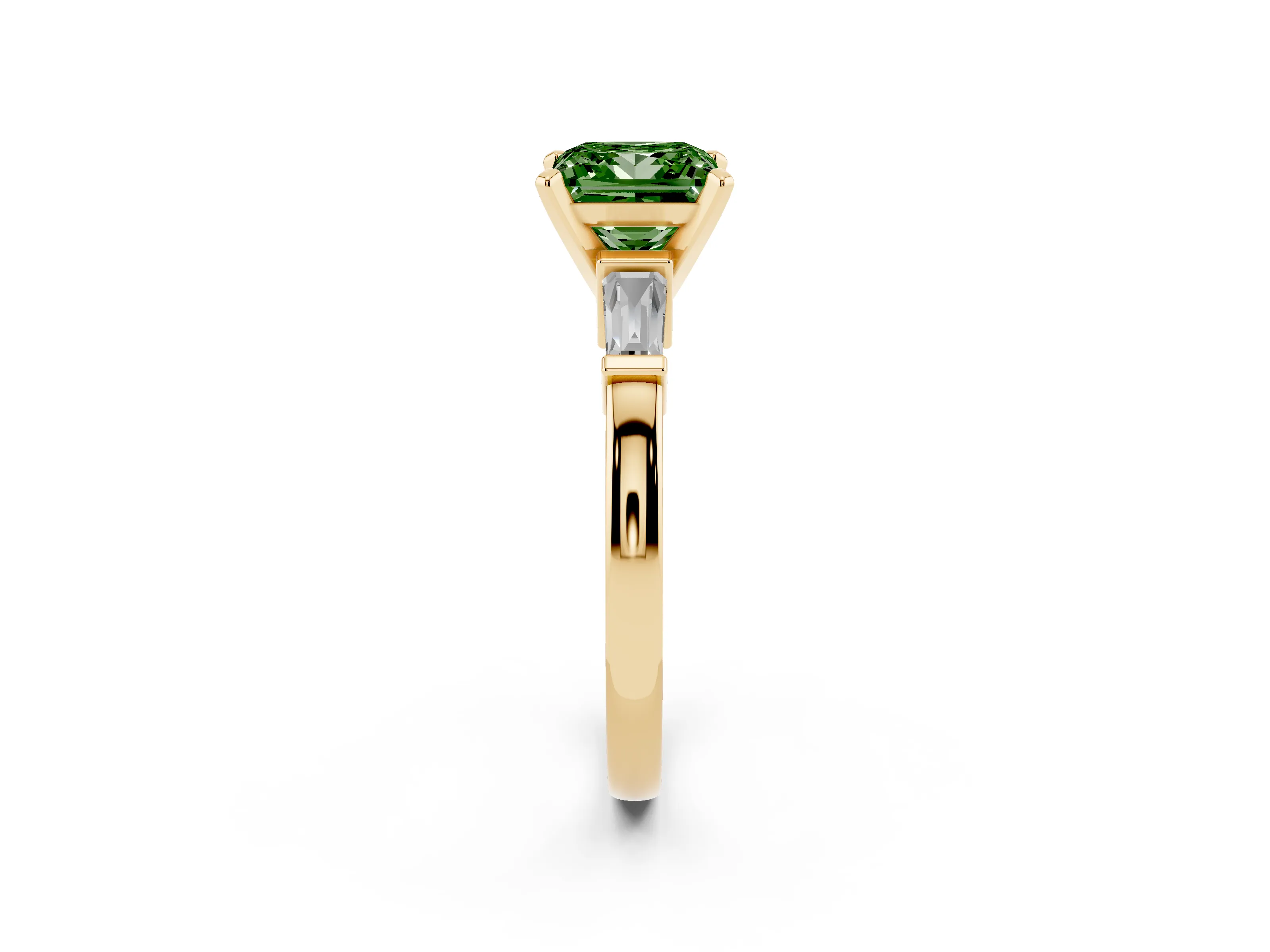 Fancy Green Princess Cut Diamond Solitaire Ring Set in Yellow gold with Tapered Baguette Accents and Prong Setting