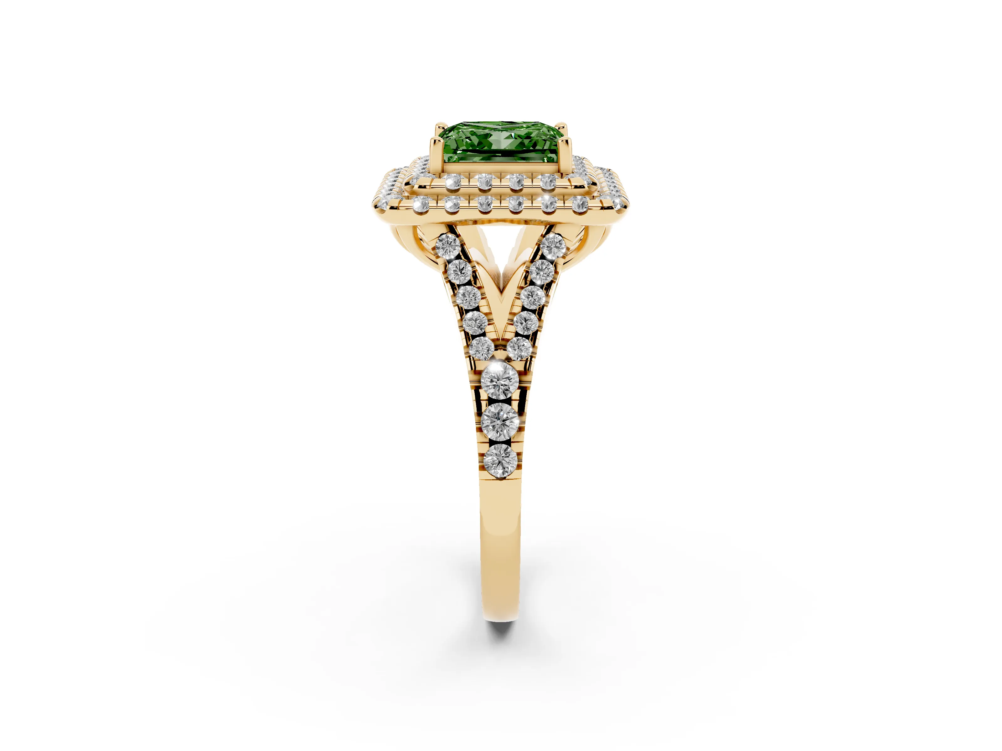 Fancy Green Princess Cut Diamond Double Halo Ring Set in Yellow gold with Pavé Split Shank and Prong Setting