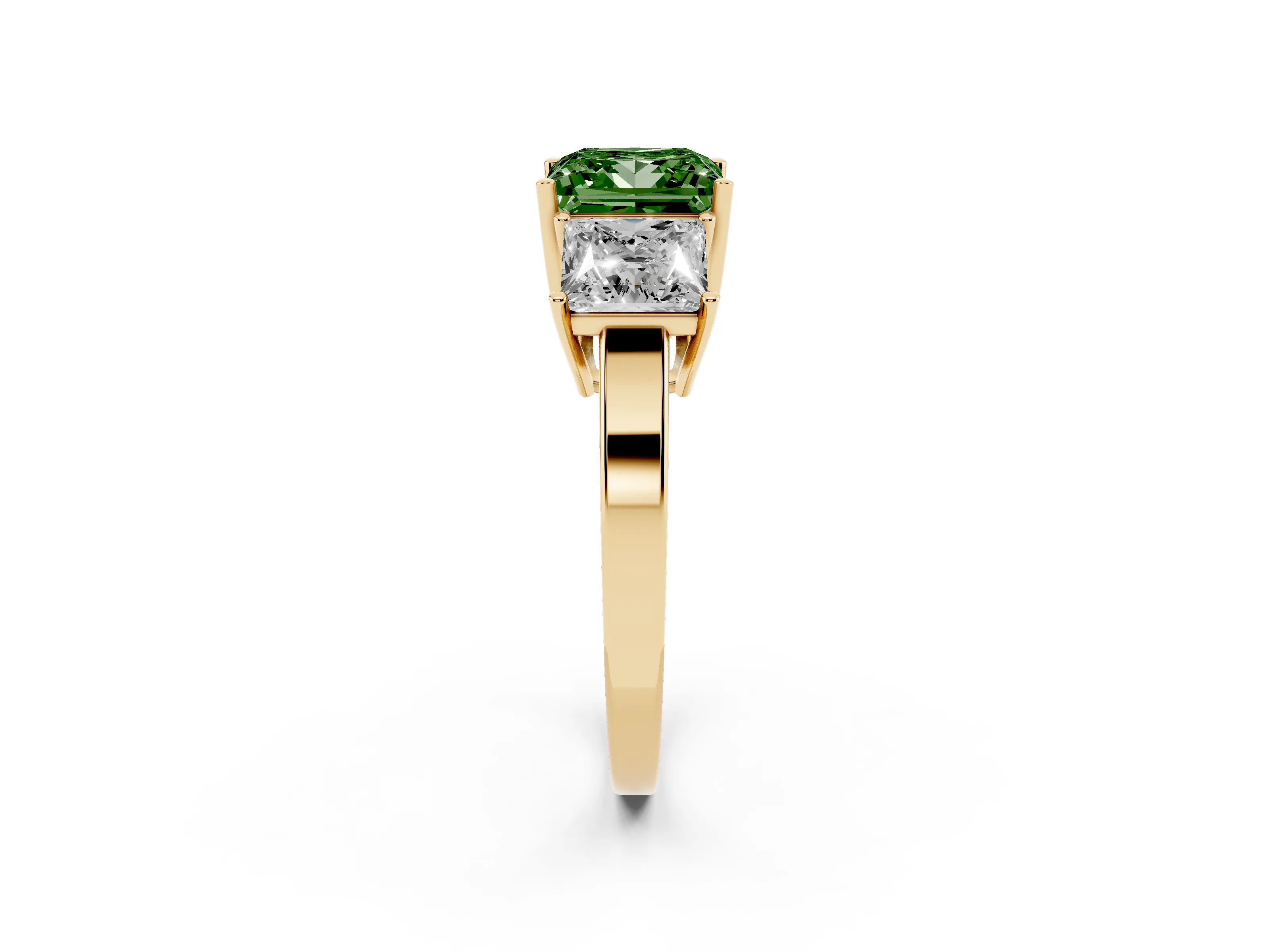 Fancy Green Princess Cut Diamond Three-Stone Engagement Ring Set in Yellow gold with Flat Band