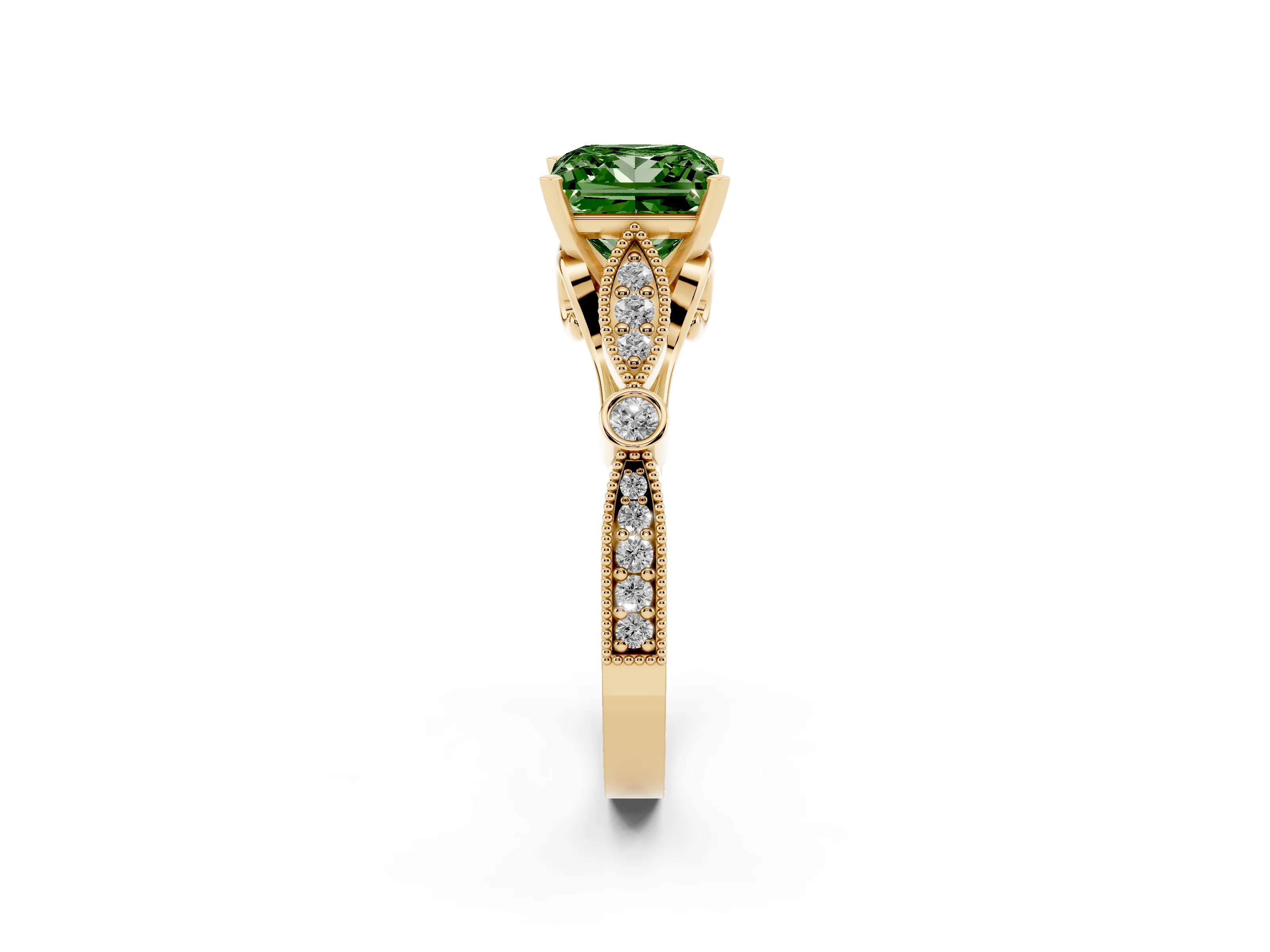 Fancy Green Princess Cut Diamond Solitaire Ring Set in Yellow gold with Milgrain Marquise and Bezel Accents