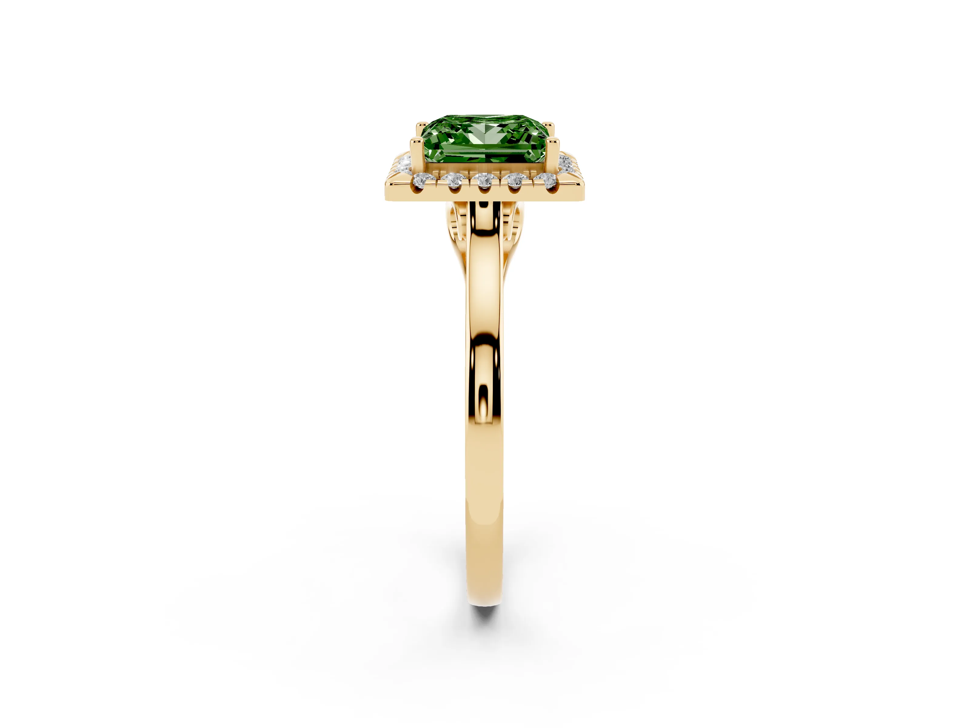 Fancy Green Princess Cut Halo Round Diamond Solitaire Ring Set in Yellow gold with Pavé Band and Prong Setting